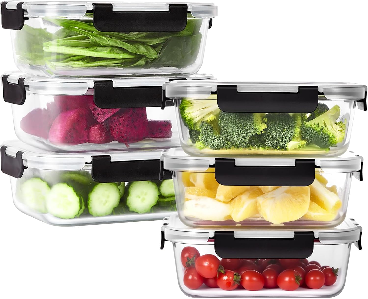 6 Pack Glass Food Storage Containers with Lids, 36 OZ Meal Prep Containers for Lunch, 4.5 Cup Airtight Glass Lunch Containers Set, Microwave, Oven, Freezer & Dishwasher Safe, BPA-Free - Image 2