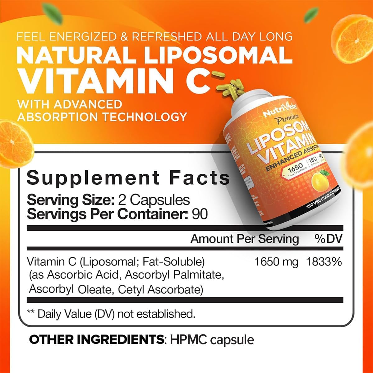 Nutrivein Premium Liposomal Vitamin C Supplement 1650mg - 180 Caps: High-Absorption High Dose Vitamin C Capsules for Whole-Body Defenses & Overall Well-Being - Image 3