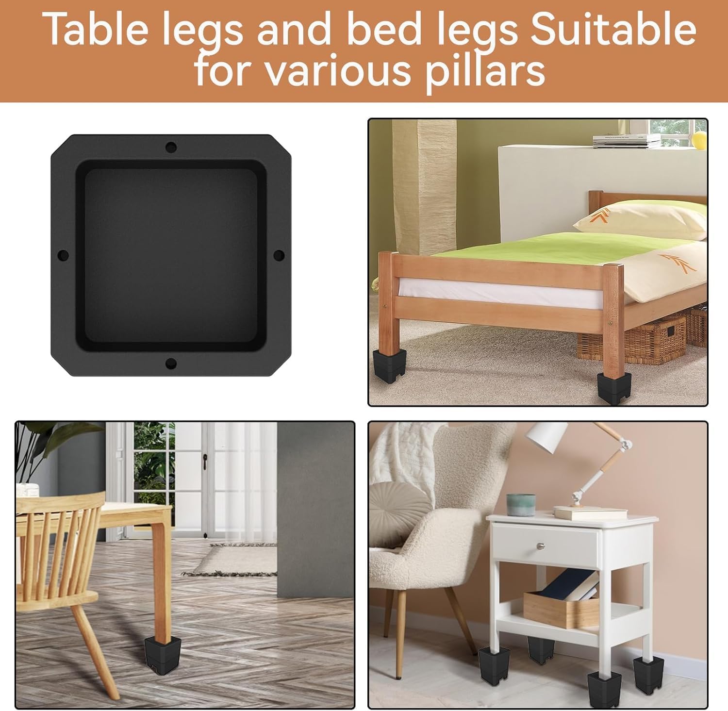 Bed Risers, Black, 3 Inch Height, Double-Sided Stackable Design for Different Furniture Legs and Wheels, 4 Pack (Black, 3 Inch) - Image 5