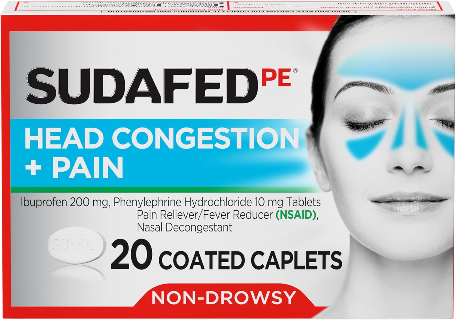 Sudafed PE Non-Drowsy Head Congestion + Pain Relief Caplets with Ibuprofen 200 mg & Phenylephrine HCl 10 mg, Nasal Decongestant & NSAID Pain Reliever & Fever Reducer, 20 ct - Image 2