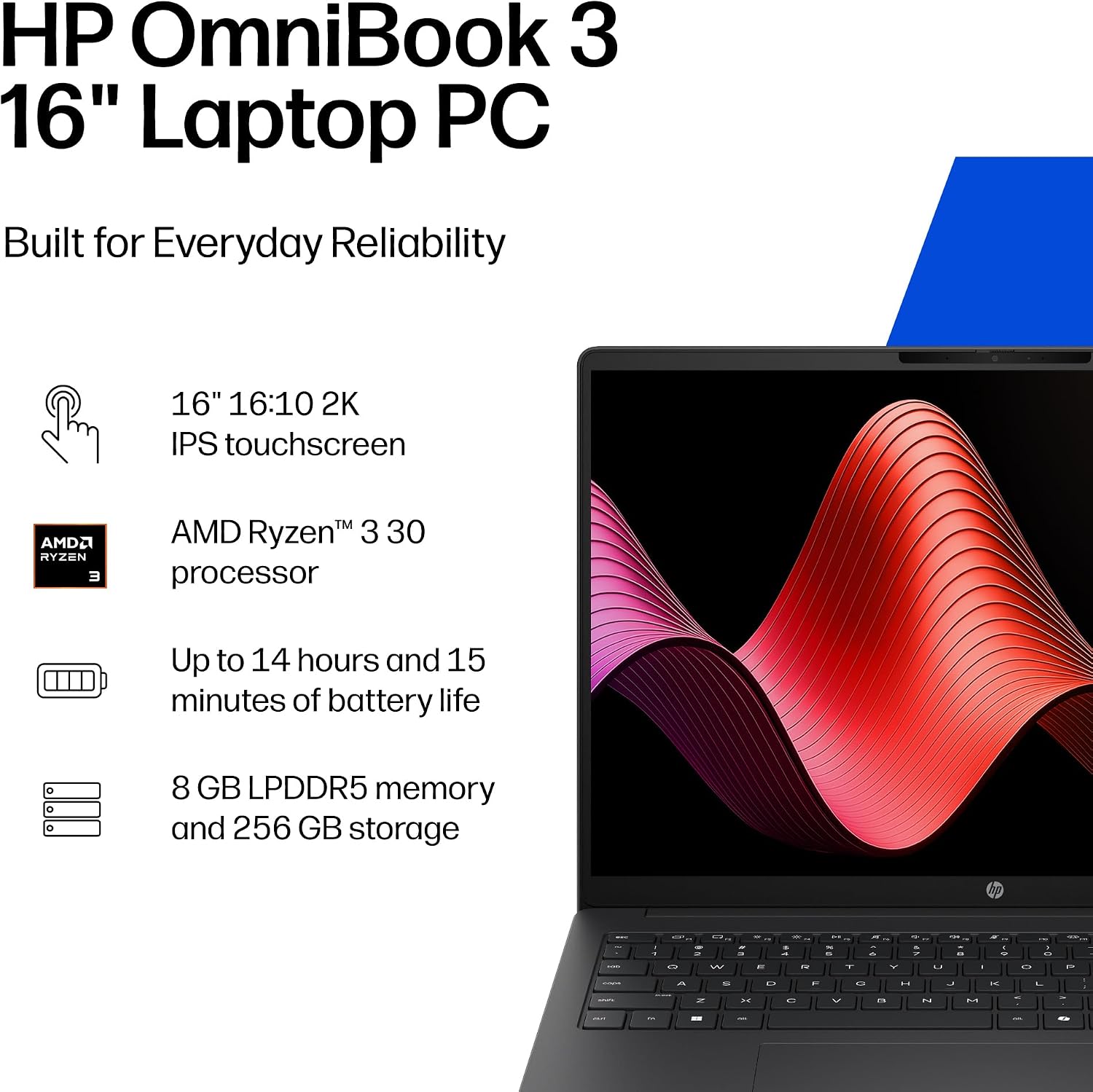 HP OmniBook 3 16 inch Laptop PC, 2K Touchscreen, AMD Ryzen 3 30, 8 GB RAM, 256 GB SSD, AMD Radeon 610M GPU, Windows 11 Home, Mica Silver, 16-by0199nr - Image 3