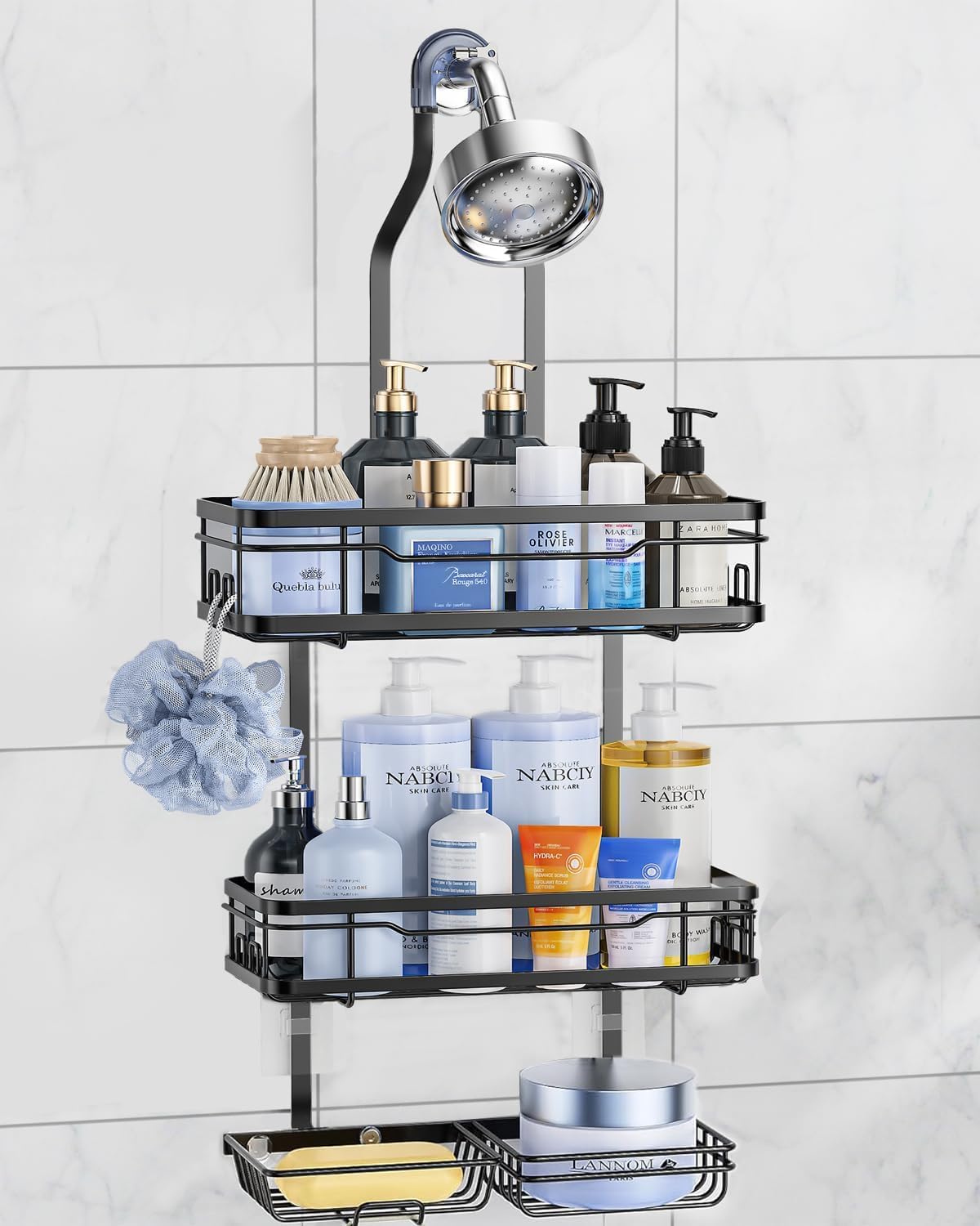 OMAIRA Shower Caddy Hanging Over the Shower Head - Rustproof Shower Organizer Hanging with Soap Scrub Holder, Non-Slip Stainless Steel Bathroom Storage Rack & Shelves, No Drilling, Black - Image 2