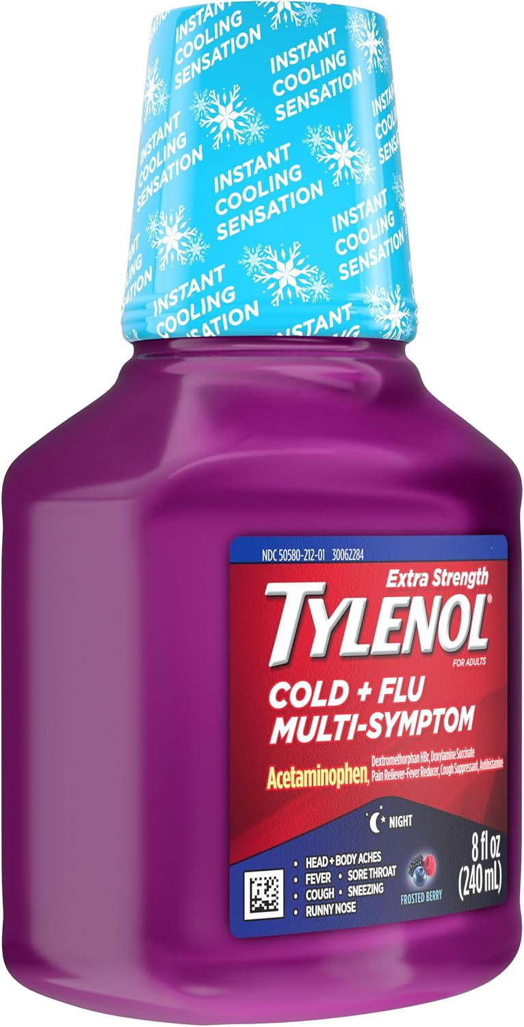 Tylenol Extra Strength Cold + Flu Multi-Symptom Night Liquid Cold Medicine, Acetaminophen Pain Reliever, Dextromethorphan HBr, Doxylamine Succinate, 8 fl oz - Image 5