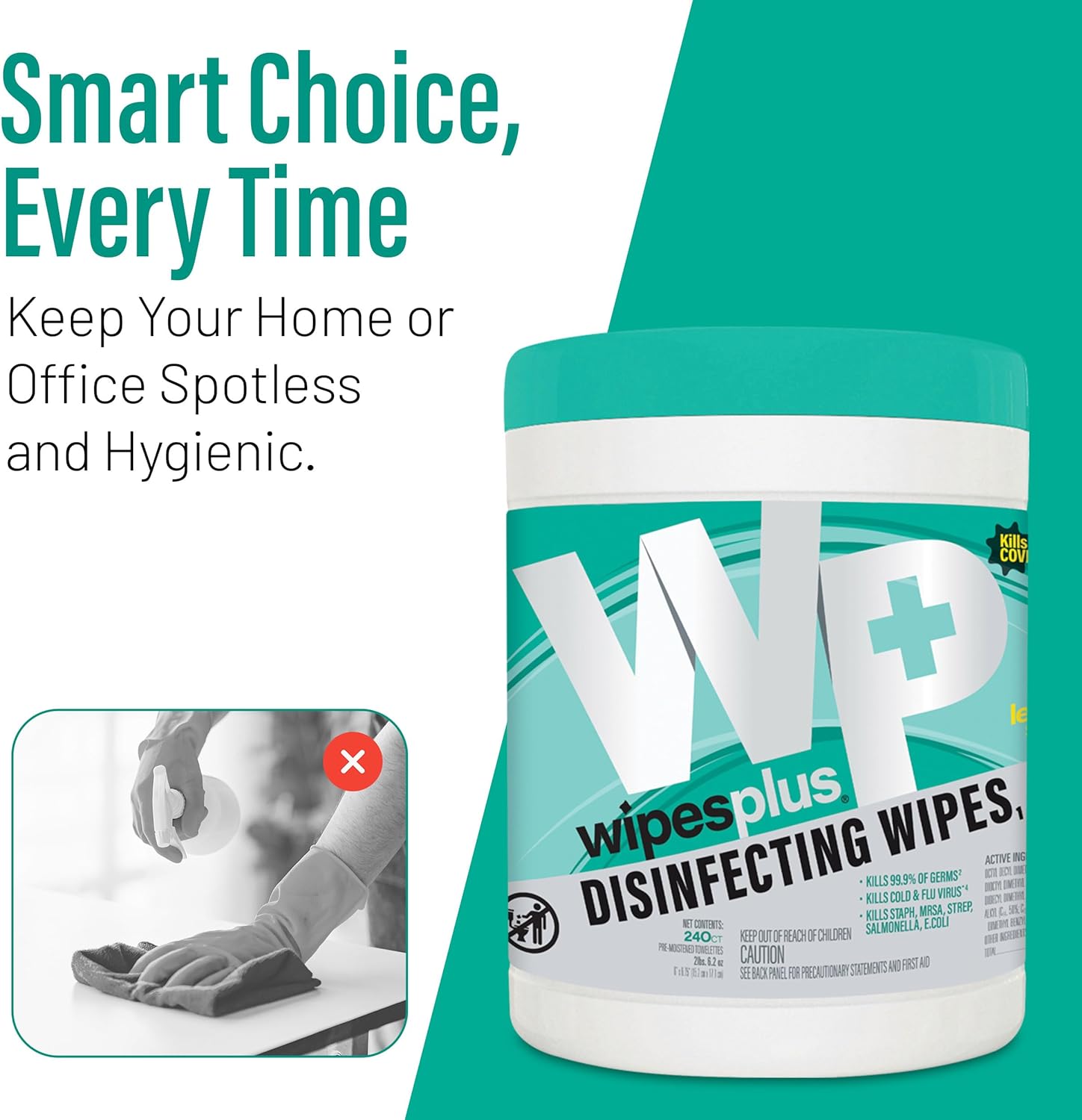 WIPESPLUS Disinfecting Surface Wipes Canister Bleach Free with Lemon Scent for Home and Business, 240 Count - Image 7