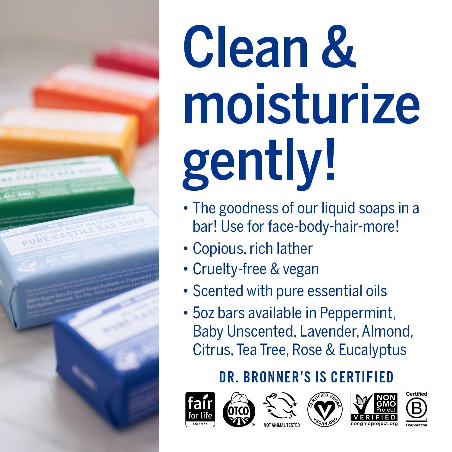 Dr. Bronner's Pure-Castile Magic Bar Soap (5 oz Variety Pack) Almond, Unscented, Lavender, Peppermint, Citrus, Rose, Tea Tree, & Eucalyptus - Made with Regenerative Organic Certified Oils, Vegan - Image 5
