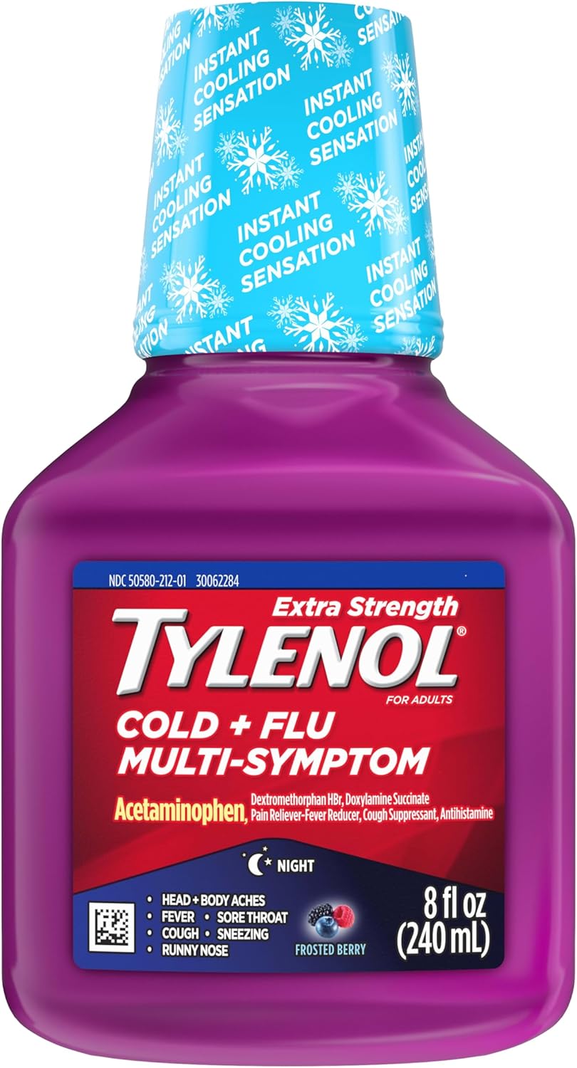 Tylenol Extra Strength Cold + Flu Multi-Symptom Night Liquid Cold Medicine, Acetaminophen Pain Reliever, Dextromethorphan HBr, Doxylamine Succinate, 8 fl oz - Image 4