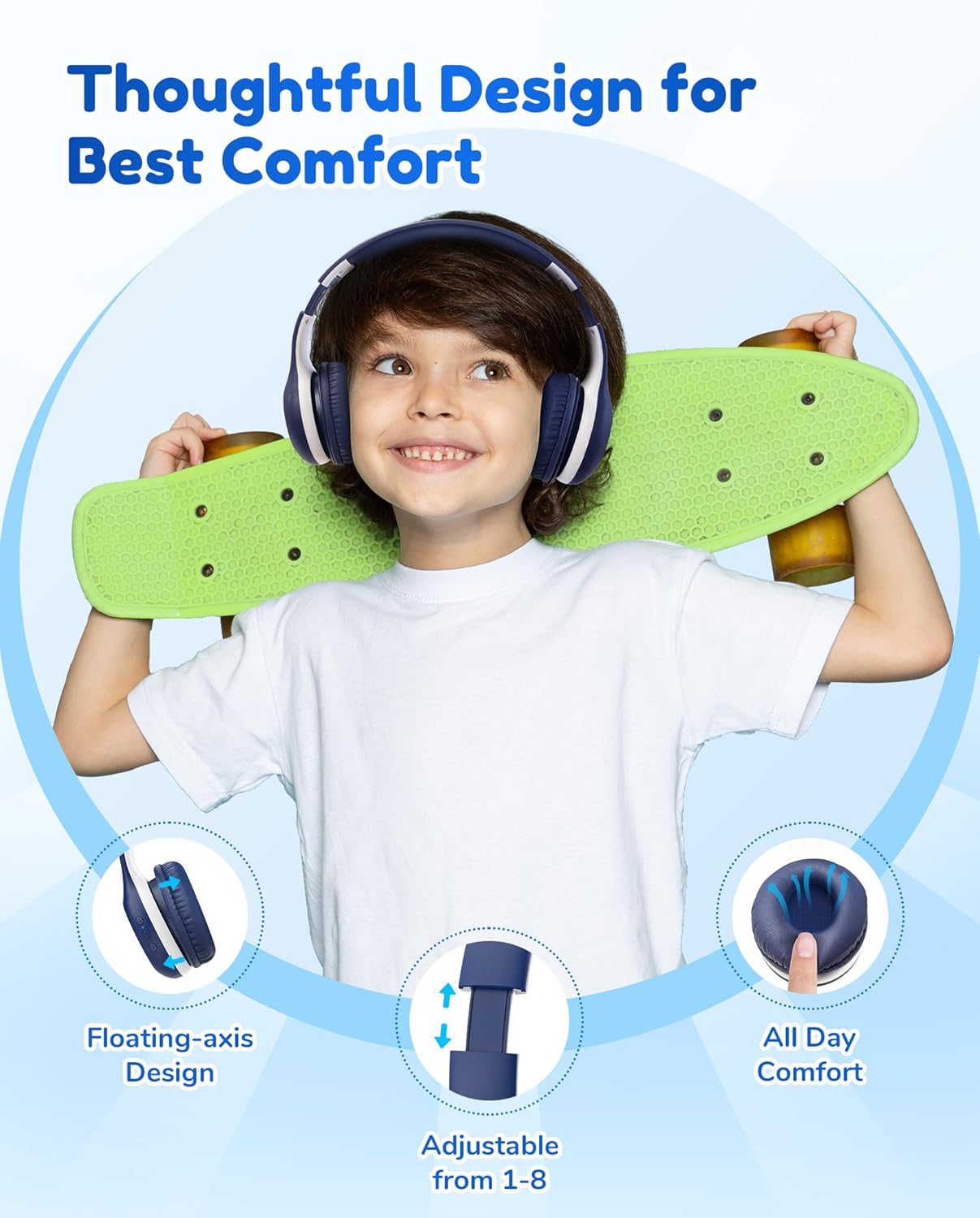EarFun K2 Kids Bluetooth Headphones, Kids Headphones with Volume Limited, 40H Playtime, Built-in Mic, Stereo Sound, Foldable Over-Ear Headphone for School/Travel/iPad/Tablet, Blue - Image 2