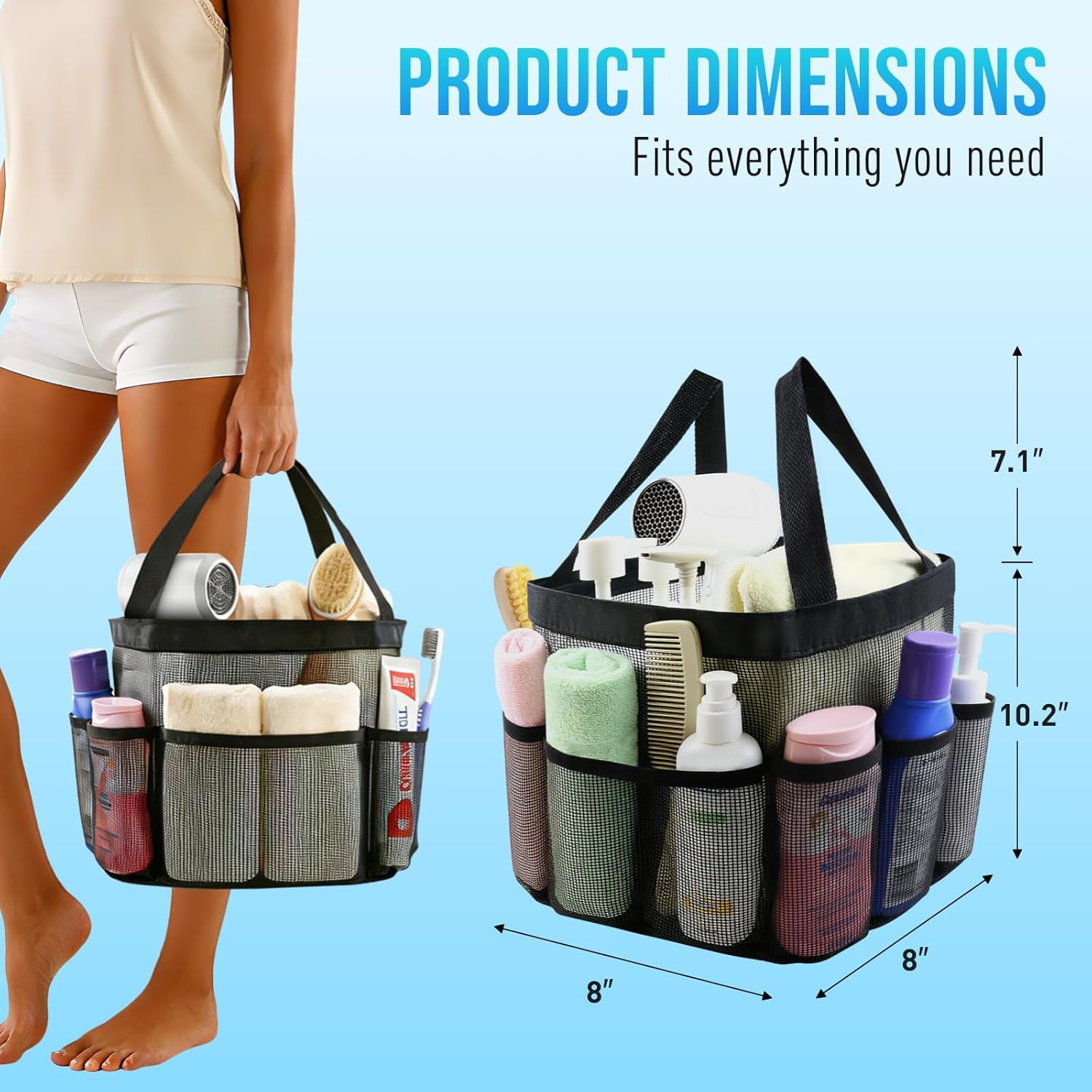 Mesh Shower Caddy Portable, Shower Tote Bag for Dorm Room Essentials, 8 Pockets Large Shower Basket for College Gym Beach Camping (1, Black) - Image 3