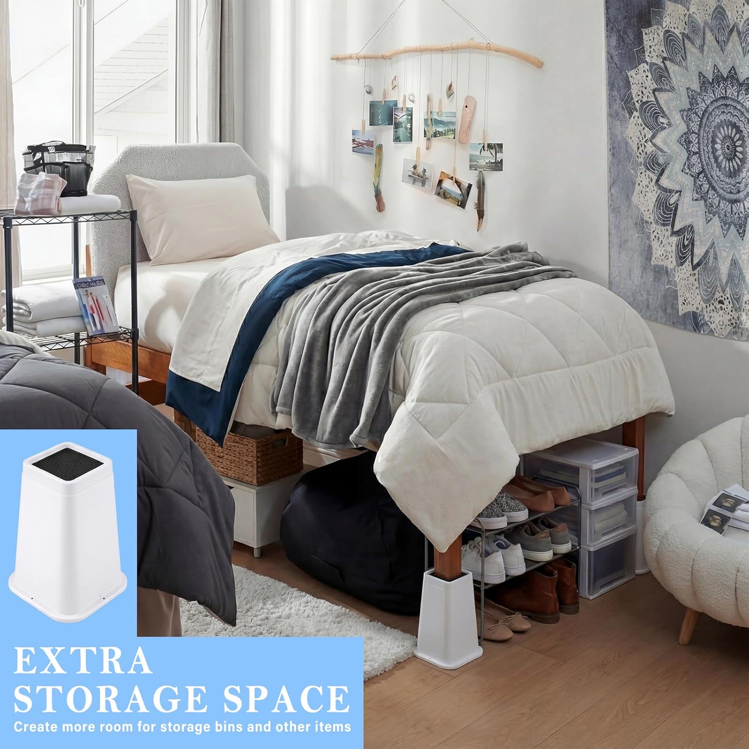 Novabright 4 Pack 8 Inch College Dorm Bed Risers Heavy Duty Extra Plastic Dorm Bed Extender Stackable Furniture Risers for College Room Storage Sofa Table Desk Couch Chair(White) - Image 7