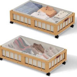 efluky 2-Pack Bamboo Under Bed Storage Containers with Wheels, Under Bed Clothes Storage Basket with Large Dust Bag, Rolling UnderBed Storage for Bedroom, Dorm and Basement, Nature