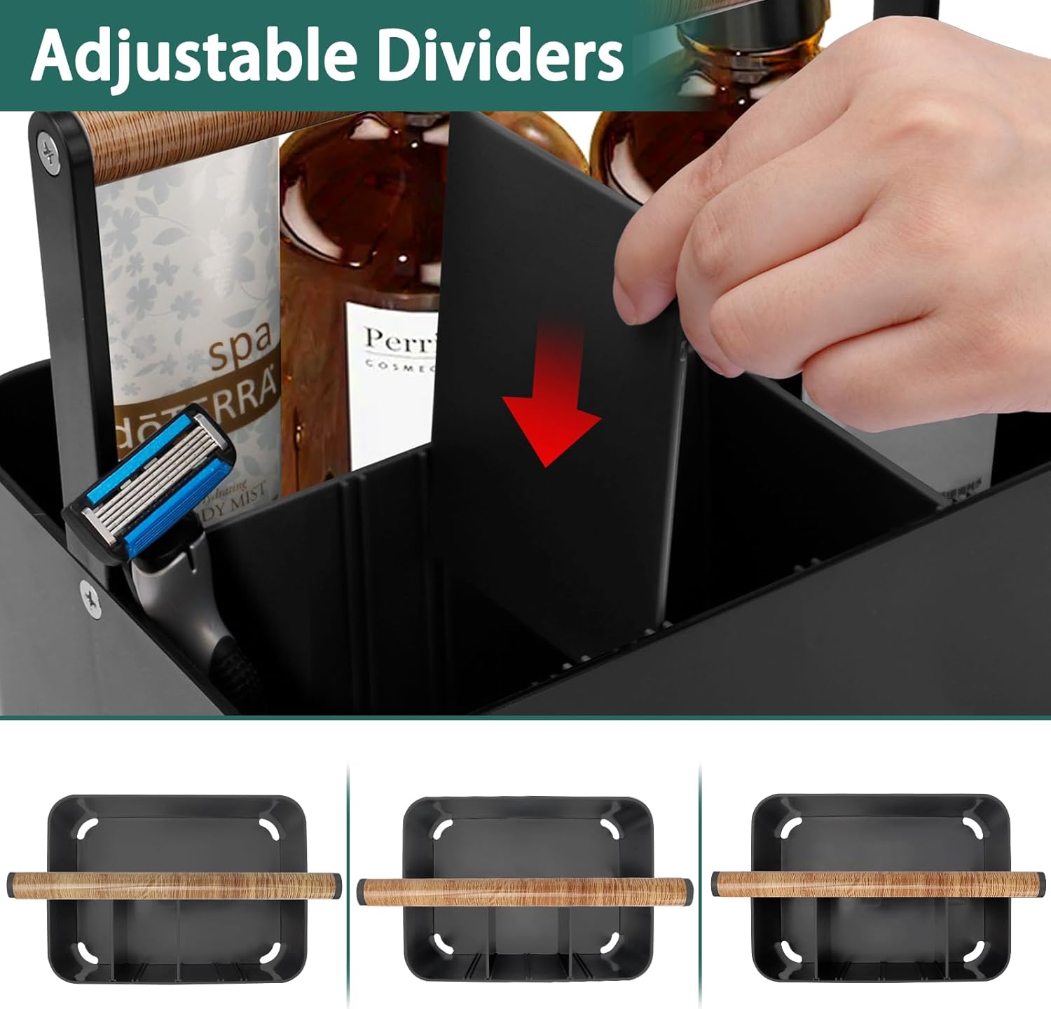 BYUNER Portable Shower Caddy Dorm: Bathroom Caddy Organizer with Handle and Adjustable Dividers,Plastic Shower Basket for Toiletry,Makeup,Vanity,Shower Storage Tote for College, Cleaning Caddy, Black - Image 5