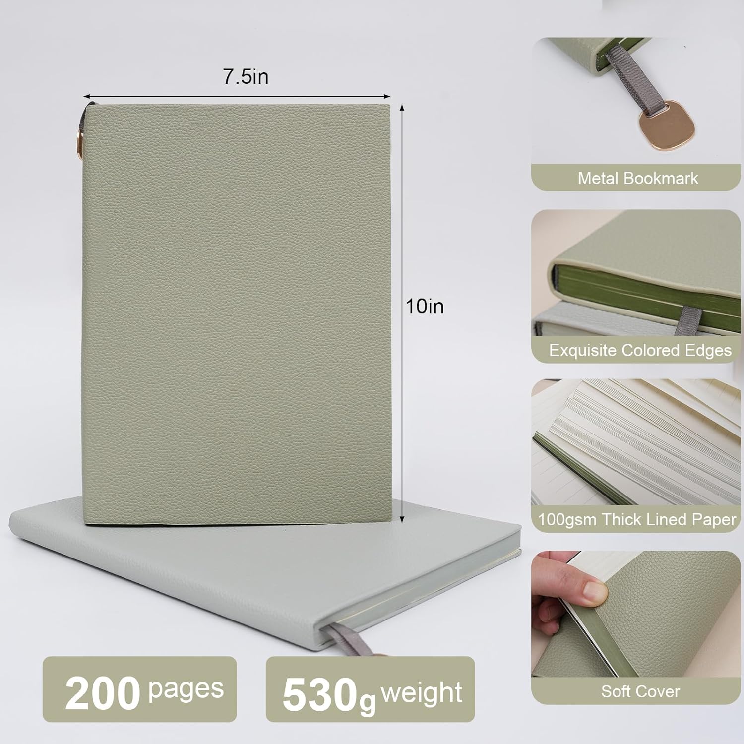 Picoway Sage Green 7x10 Inch Large B5 Softcover Notebook, 200 Pages 100gsm Thick No Bleed Journal with Colored Edges & Metal Pendant Bookmark, Premium PU Leather Aesthetic Desk Notebook for Women - Image 2