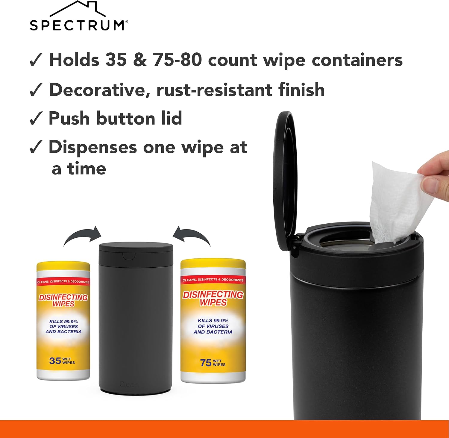 Spectrum Disinfecting Wipes Container Refillable Stainless Steel Wipe Holder for Bathroom Kitchen School Classroom, Reusable Push Button Wet Wipe Dispenser for Disinfect Cleaning Countertop, Black - Image 3