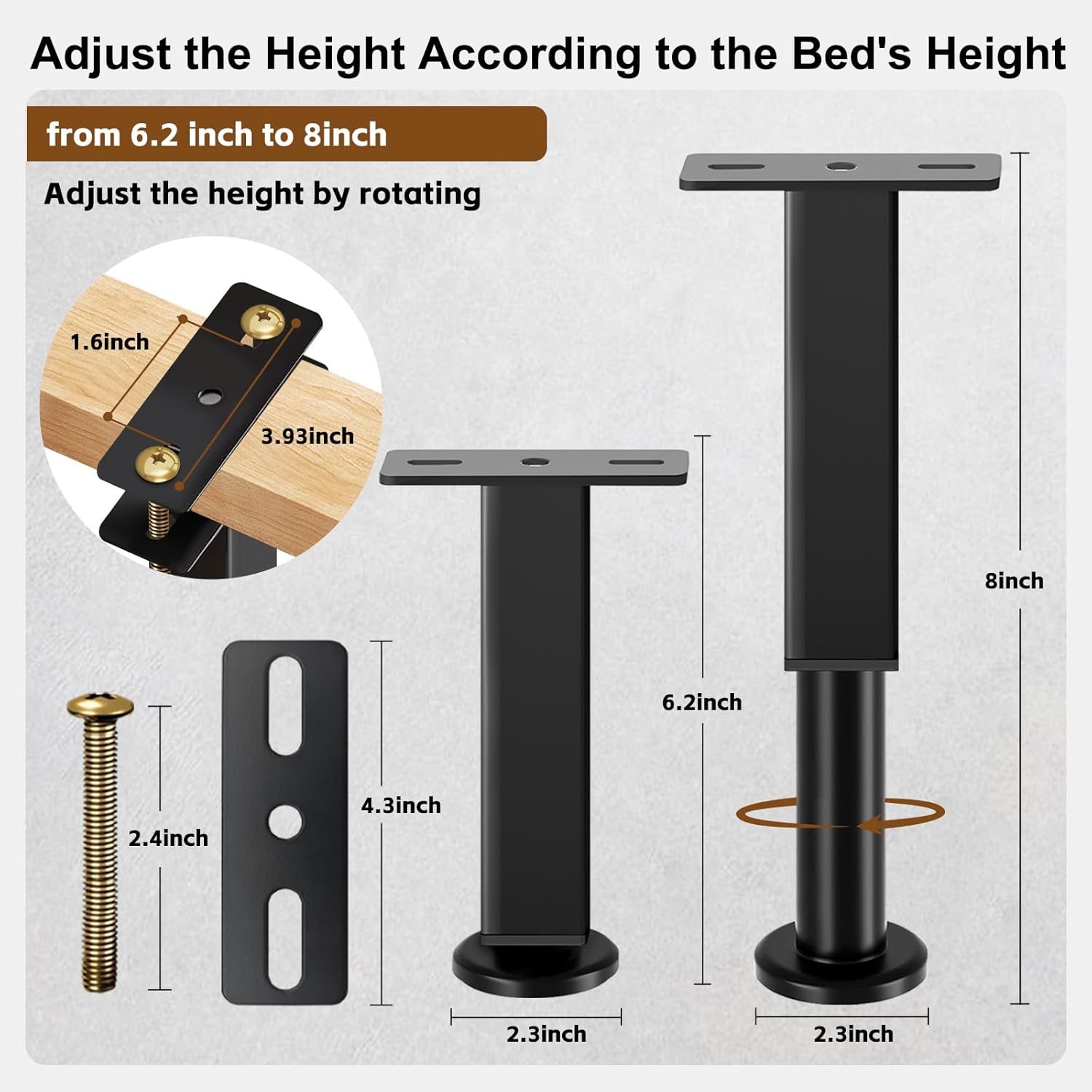 Bed Support Legs, 6PCS Replacement Adjustable Bed Risers, 6.2-8 in Heavy Duty Metal Furniture Feet with Non-Slip Rubber Base for King Queen Slats, Couch, Table, Sofa - Image 2
