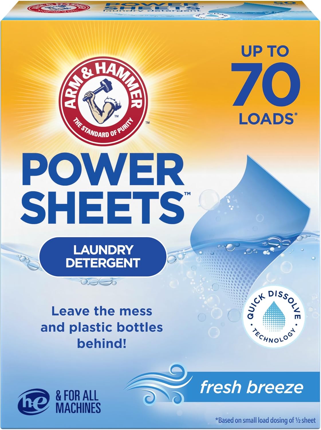 ARM & HAMMER Power Sheets Laundry Detergent, Fresh Breeze Scent, No Mess, Lightweight and Travel-Friendly, 35 Count, Up to 70 Small Loads - Image 2
