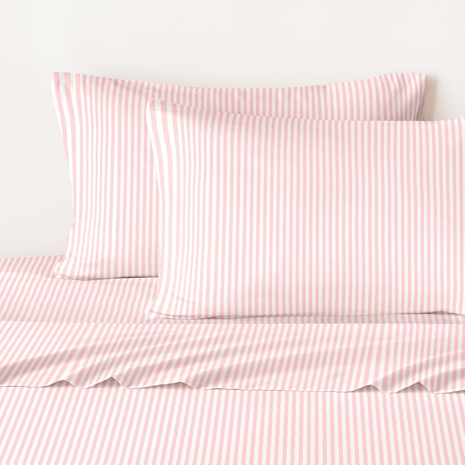 Wake In Cloud - Striped Bed Sheets, 4-Piece Sheet Set, Ticking Vertical Pin Stripe Modern Farmhouse Pattern Printed Bedding, Deep Pocket, Pink White, Queen Size - Image 6
