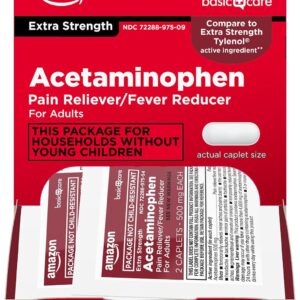 Amazon Basic Care Extra Strength Acetaminophen Caplets 500 mg, Pain Reliever and Fever Reducer, Gentle on Stomach, For Arthritis Pain, Backache Pain and More, 50 Packets of 2 Capsules Each, 100 Count