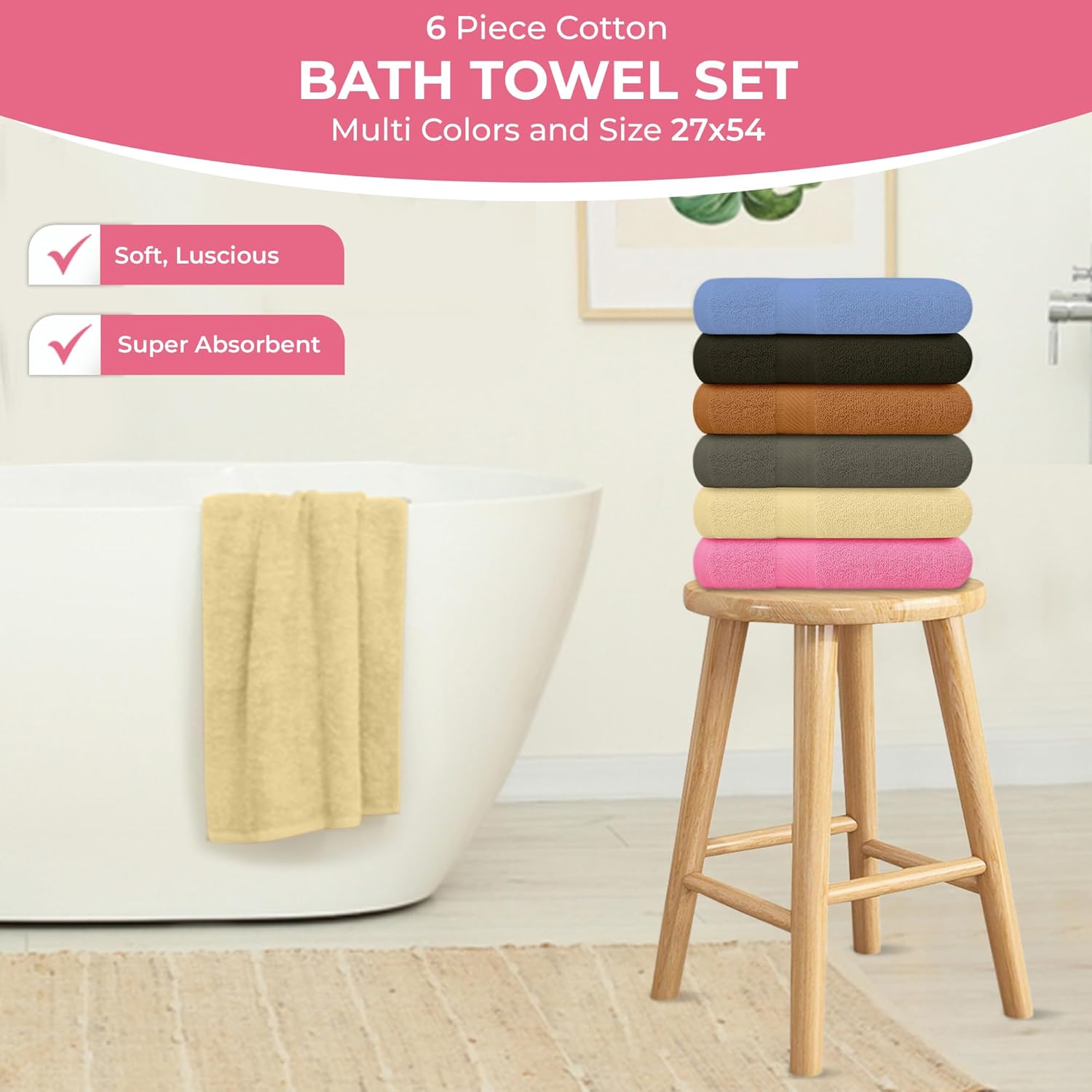 QUBA LINEN 100% Cotton Bath Towels-27x54inch - 6 Pack Shower Towels - Light Weight, Ultra Absorbent Towels for Bathroom (Multi Color) - Image 3