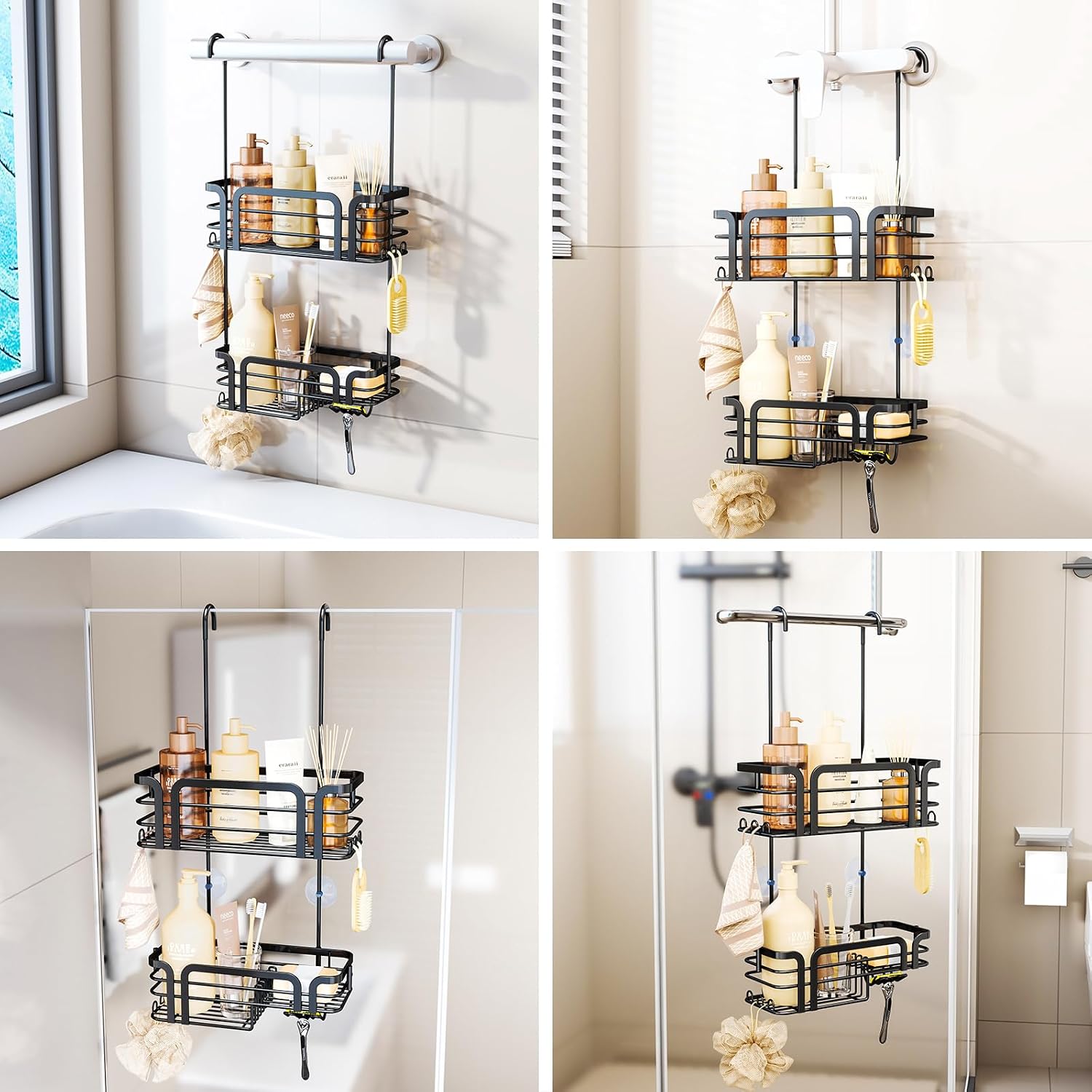 SWTYMIKI Shower Caddy Hanging Organizer - Over the Door Shower Caddy with Soap Holder, 11 Hooks, 2 Installation Ways, Stainless Steel Rustproof Bathroom Organizer, Black - Image 3
