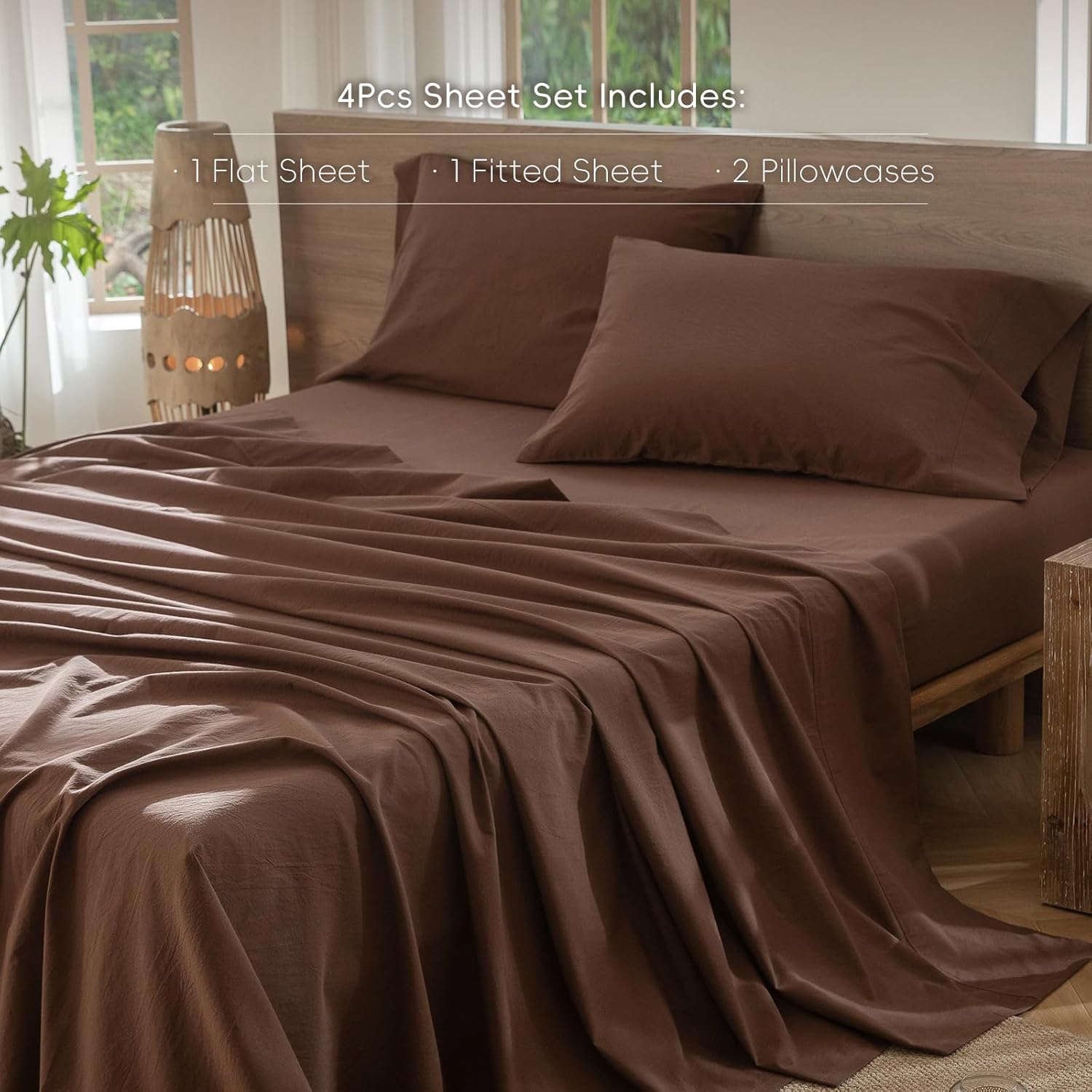 MooMee Bedding Sheet Set 100% Washed Cotton Linen Like Textured Breathable Durable Soft Comfy (Solid Cocoa Brown, King) - Image 3