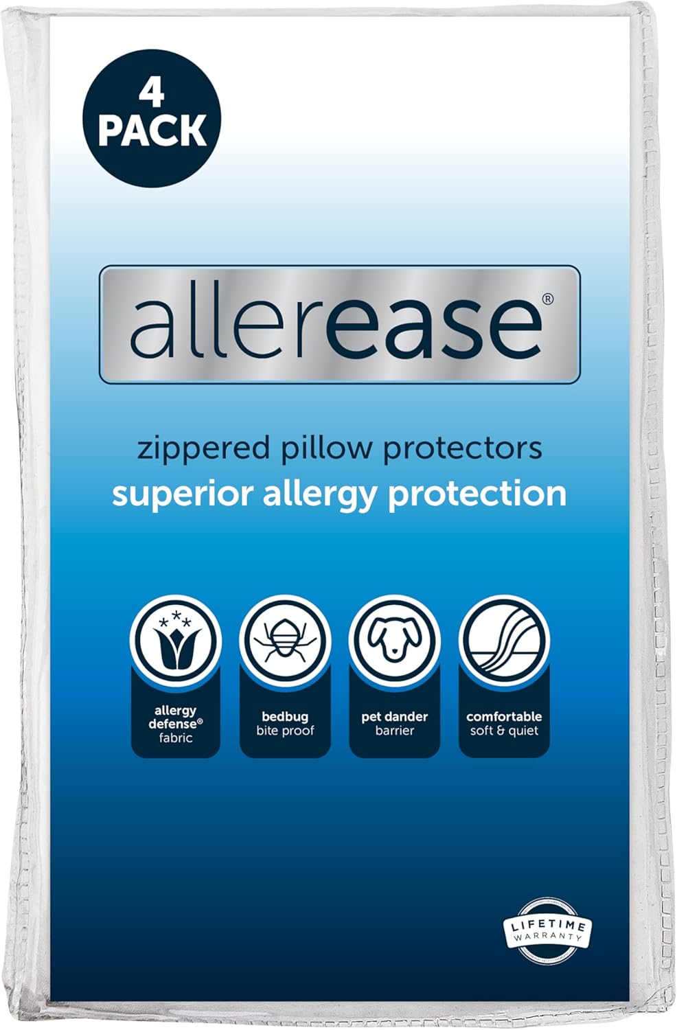 Set of 4 Standard/Queen AllerEase Pillow Protectors - Moisture Wicking, Advanced Allergy Protection - Premium Polyester, Zippered Protectors - Image 2