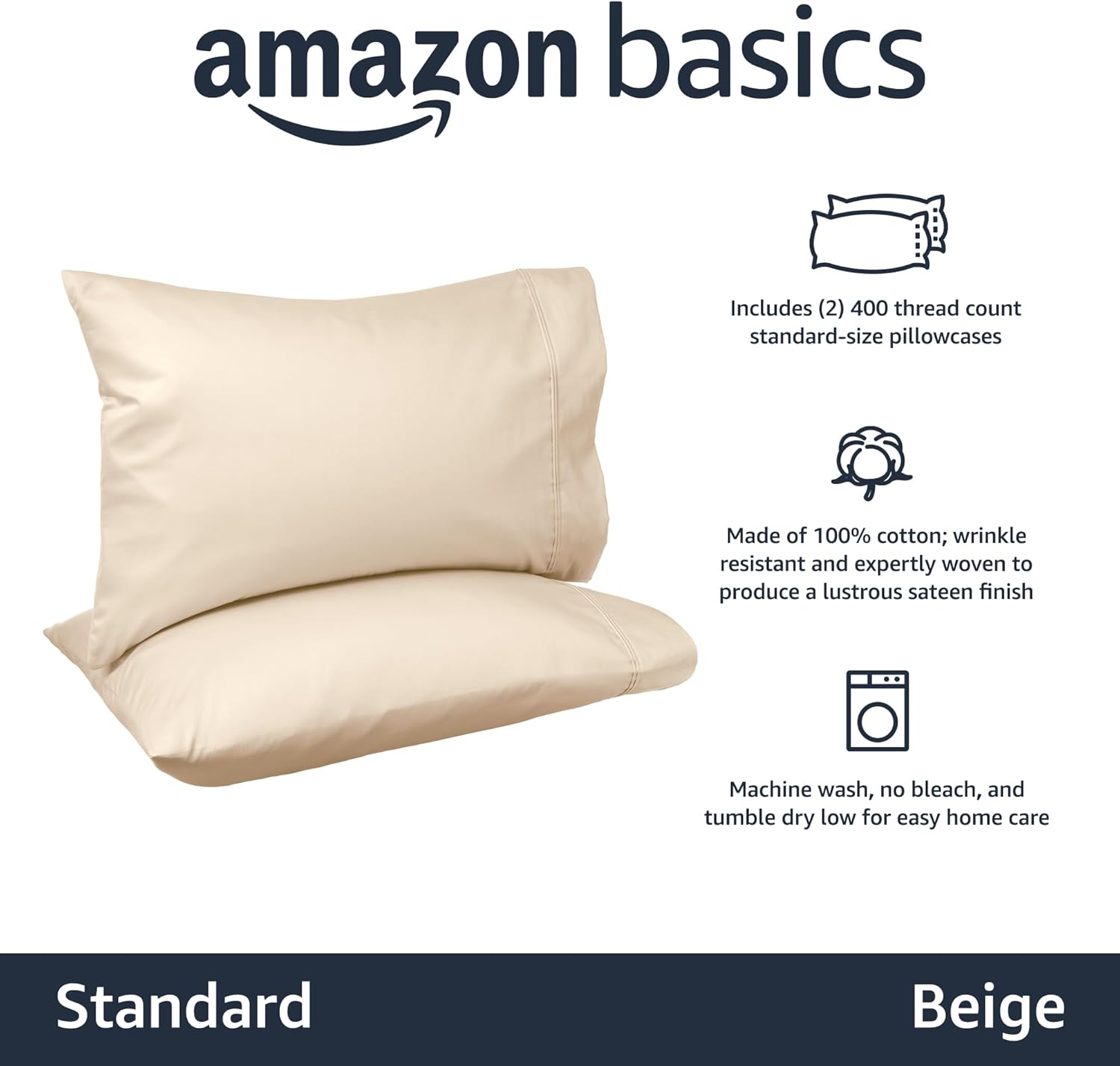 Amazon Basics 400 Thread Count Cotton Pillow Cases, Standard Size, 30" x 20", Beige, Set of 2, Pillows Not Included - Image 3