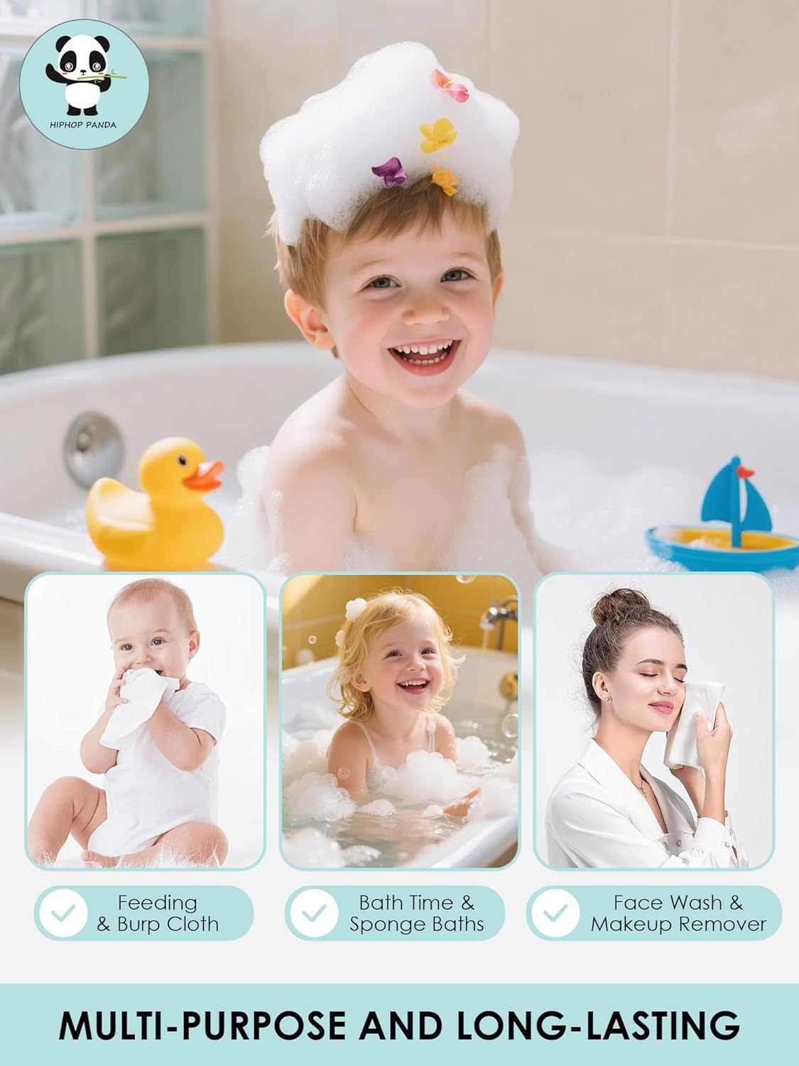 HIPHOP PANDA Baby Washcloths, Rayon Made from Bamboo - 2 Layer Ultra Soft Absorbent Newborn Bath Face Towel - Reusable Baby Wipes for Delicate Skin - White, 6 Pack - Image 7