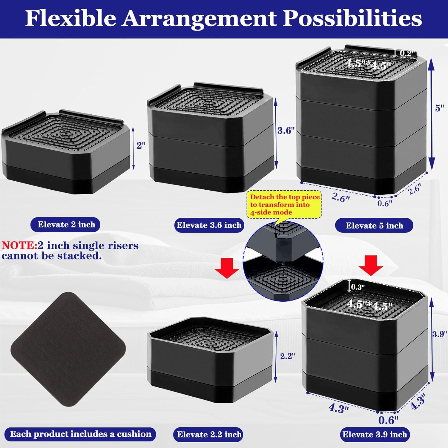 Wide Base Bed Risers, Stackable Furniture Lifts 2, 3.6, 5 Inch Heavy Duty Couch Risers for Chair Desk Table Legs,Support up to 6000lbs, Under Bed Storage Solution (Black 4 Pack,3.6 inch) - Image 3