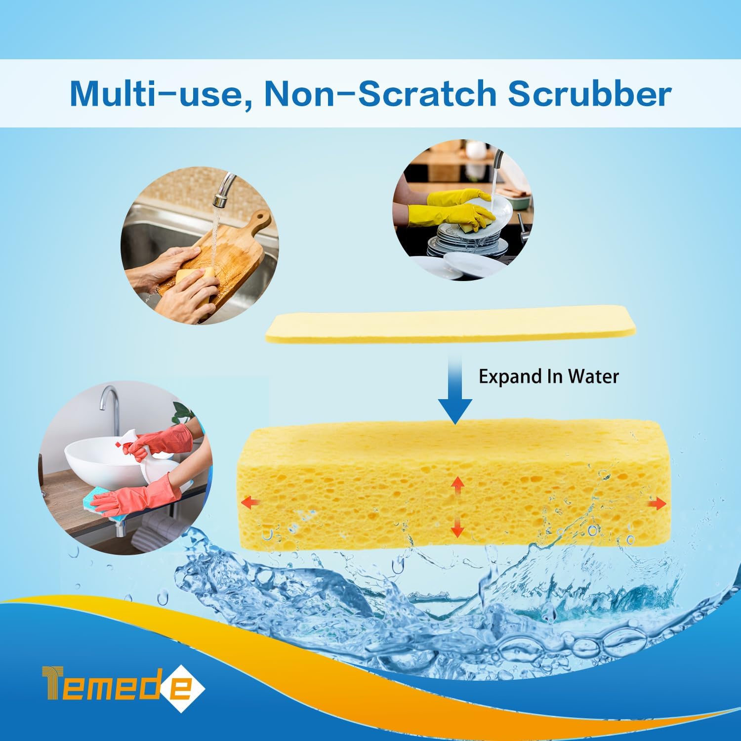 Temede Large Cellulose Sponges, Kitchen Sponges for Dish, Thick Heavy Duty Scrub Sponges, Non-Scratch Scrubber for Household, Cookware, Bathroom, Compressed Packaging (5 Pack) - Image 4