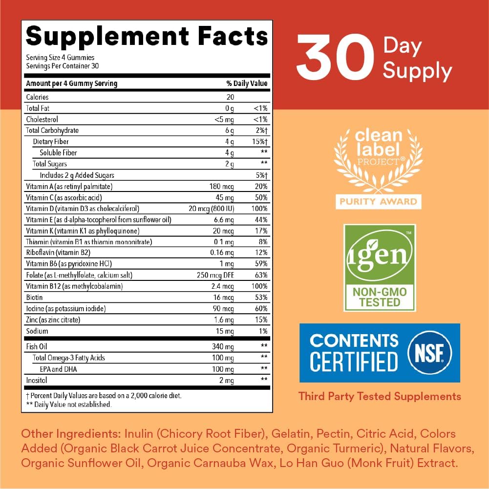 SmartyPants Kids Multivitamin Gummies and Fiber Supplement: Vitamin D3, C, Vitamin B12, B6, A, Zinc, Biotin, Inositol, Fiber Gummies, Three Fruit Flavors, 120 Count (30 Day Supply) - Image 5