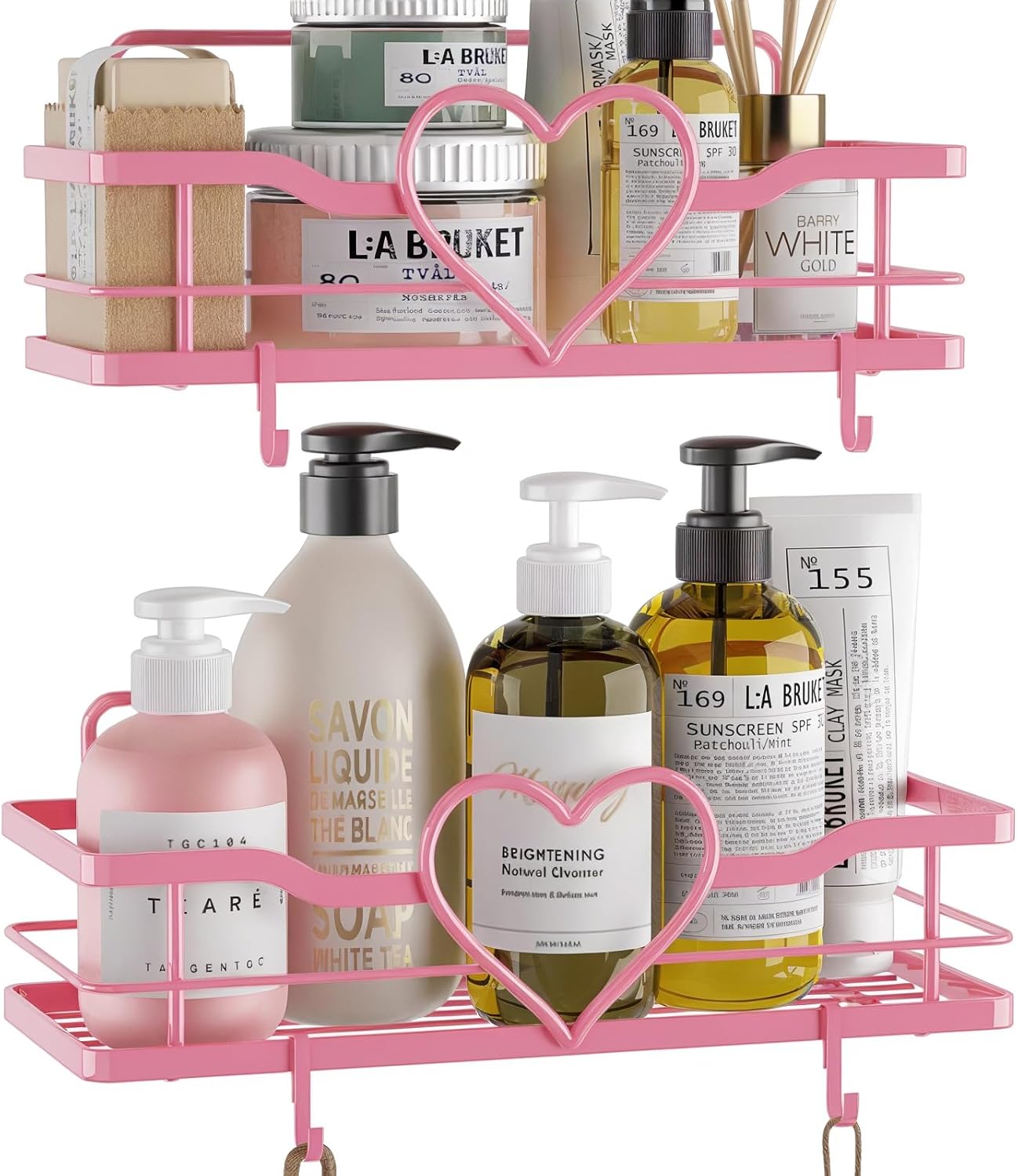 Pink Shower Caddy with 4 Removable Hooks, 2 Pack Sweet Heart Shower Shelves,No Drilling Adhesive Organizer Shelf for Bathroom Shower,Kitchen,Bedroom - Image 2