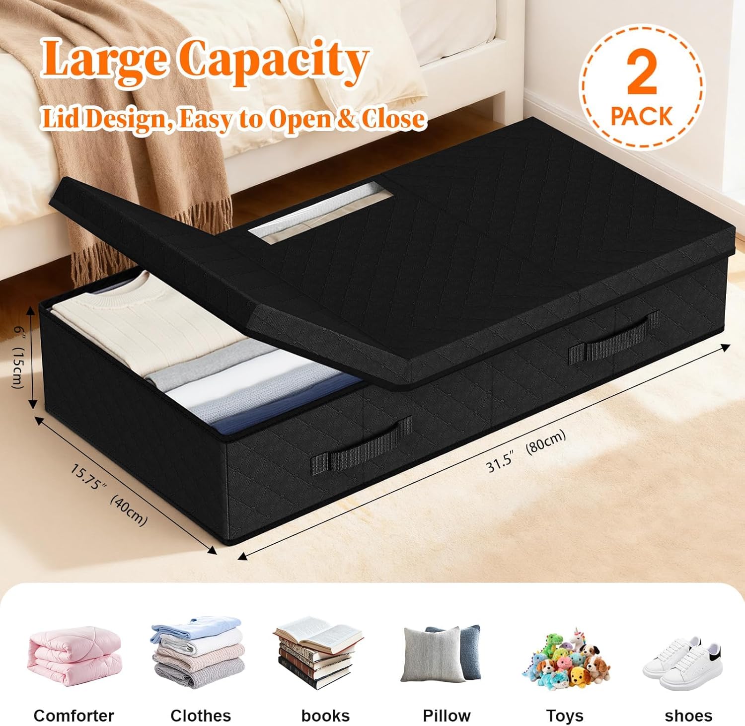 StoreHappily Under Bed Storage Containers with Lids - 2 Pack, Foldable and Stackable Clothes Storage Bags with Clear Window, 3-Sided Handles and Label Slot for Clothing, Blankets, Pillows (Black) - Image 3