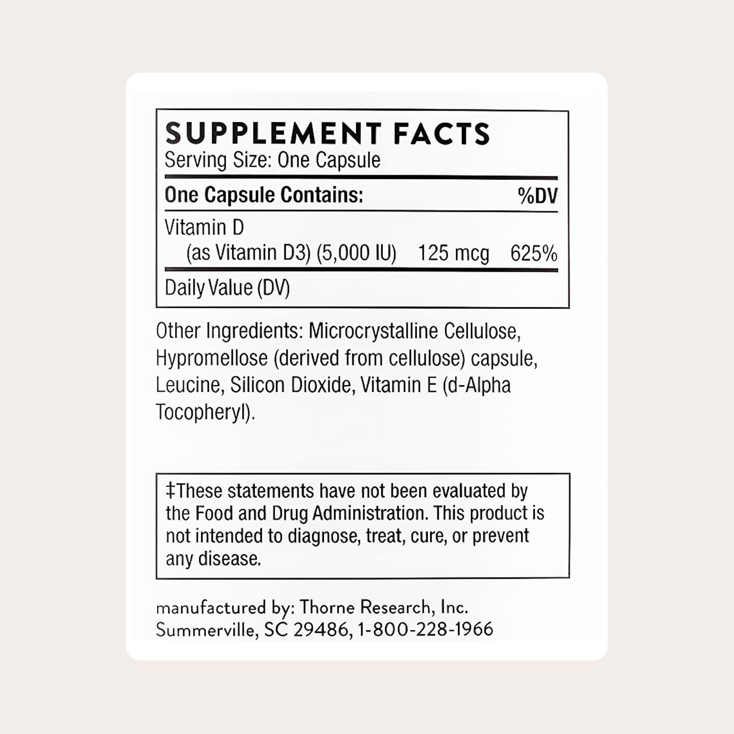 THORNE - Vitamin D-5,000 - Vitamin D3 Supplement - Supports Healthy Bones, Teeth & Muscles, Plus Cardiovascular & Immune Function* - NSF Certified for Sport - Gluten, Dairy & Soy-Free - 120 Capsules - Image 3