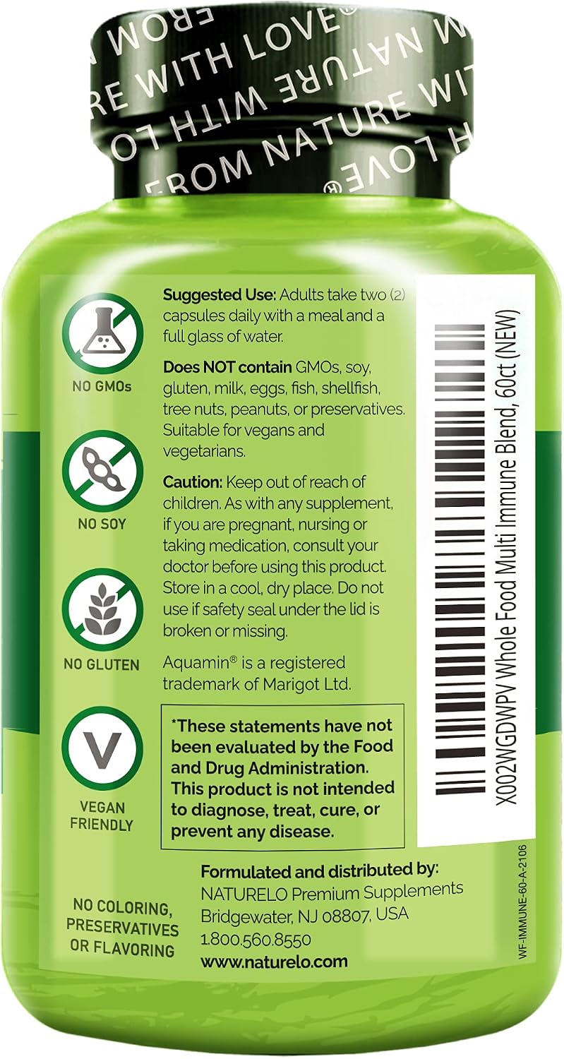 NATURELO Whole Food Multivitamin + Immune Blend with Elderberry & Mushrooms - Complete Multivitamin with Extra Immune Support - C, D3, Zinc, Elderberry, Reishi, Shitake - 60 Vegan Capsules - Image 8