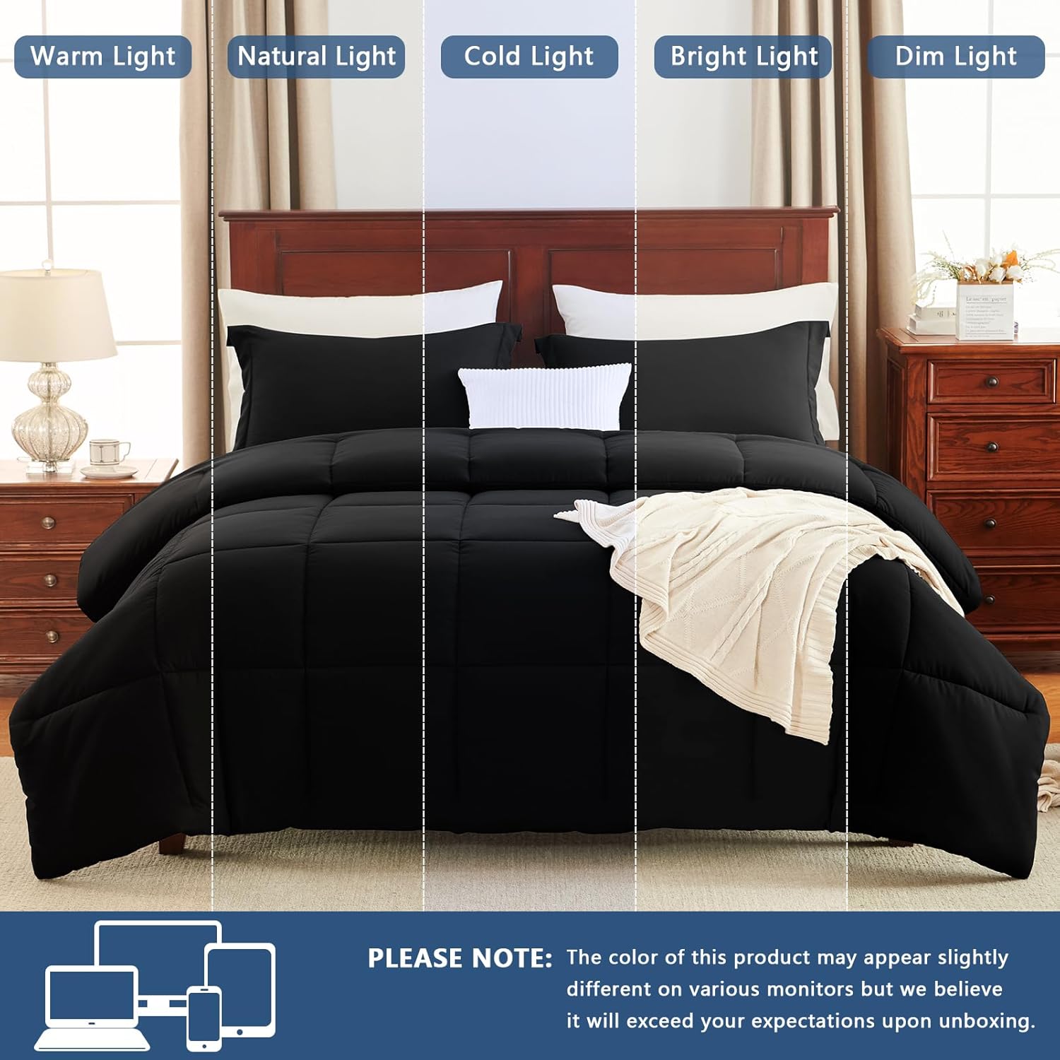 CozyLux Queen Comforter Set Black - 270GSM 3 Pieces Box Stitched Comforters Queen Size, Soft Bed Set for All Seasons, Lightweight Bedding Sets with 1 Down Alternative Comforter and 2 Pillow Shams - Image 6