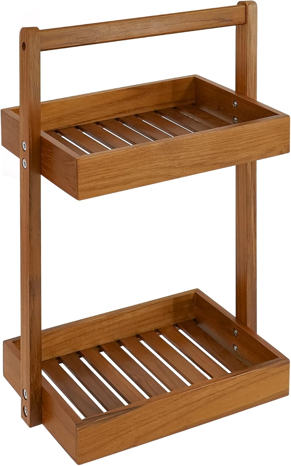 Utoplike Teak Wood Shower Caddy Corner, 2 Tier Bathroom Organizer Countertop, Standing Shower Rack with Handle, Stand Up Shower Basket for Shampoo, Shelf Rack for Inside Shower, Kitchen Desktop - Image 9