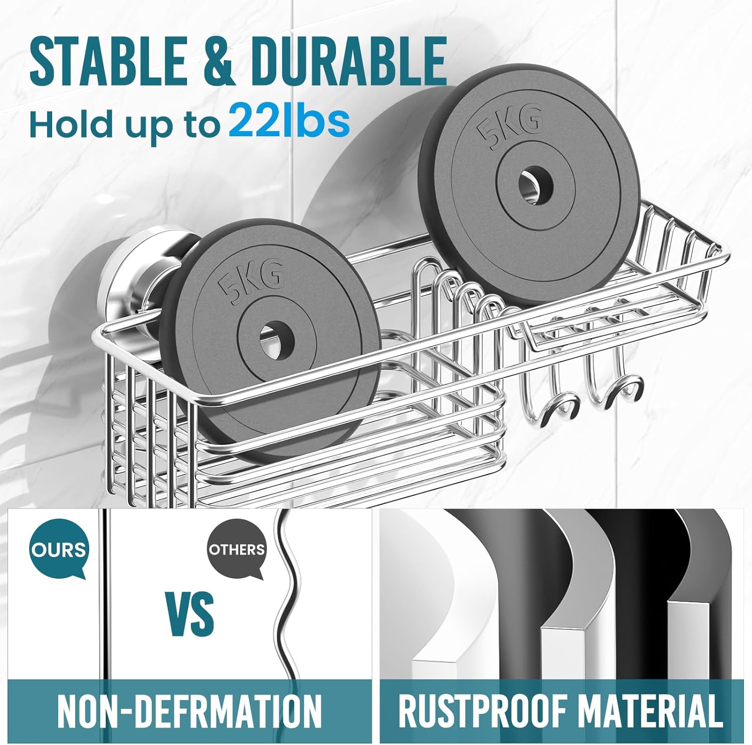 TAILI Shower Caddy Suction Cup 2 Pack with Hooks and Soap Holder, Heavy Duty Shower Organizer for Bathroom, No Drilling Silver Bathroom Suction Shelves-Silver - Image 4