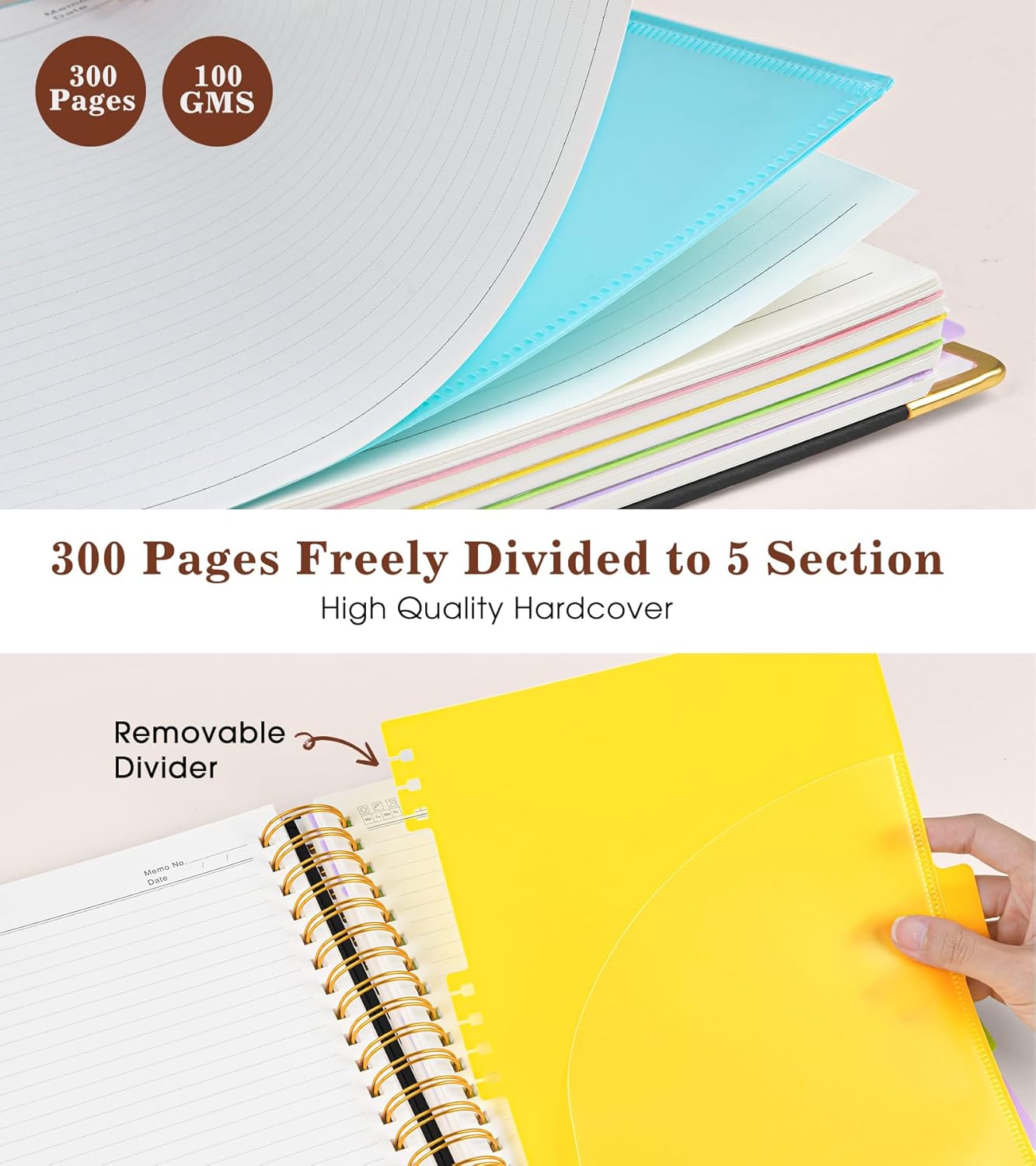 Hardcover Large Spiral Notebook 8.5" x 11" with Removable Dividers Tabs, 300 pages Leather 5 Subject Notebook College Ruled, A4 Journal for Women Men, Notebooks for Work School Note taking,Black - Image 4