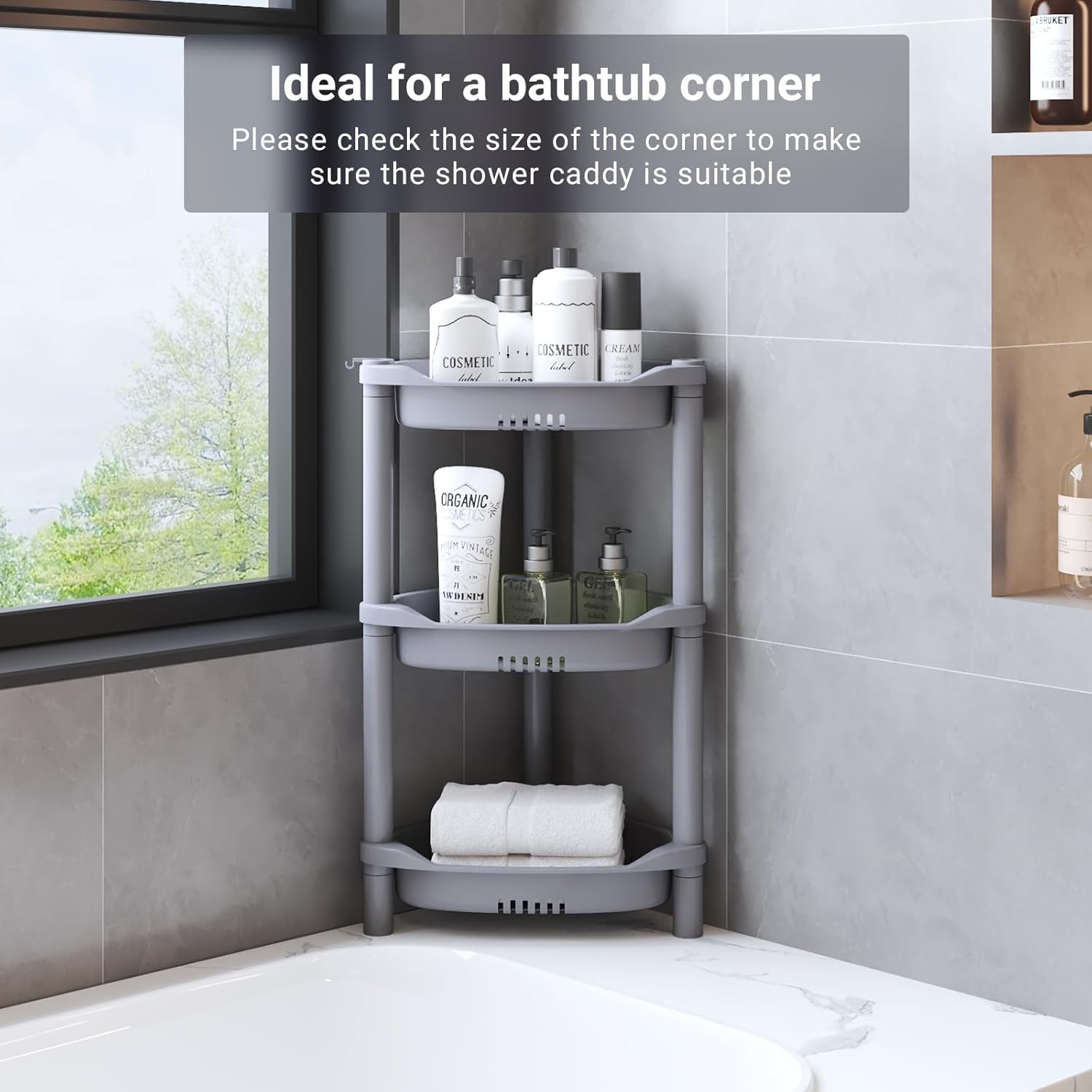 ELYKEN 3 Tier Shower Caddy Organizer Shelf Corner, 14.4 x 11.2 x 22.4 Inches, Rustproof, Plastic Shower Rack Stands for Inside Bathroom, Bathtub, Shower pan, Grey - Image 7