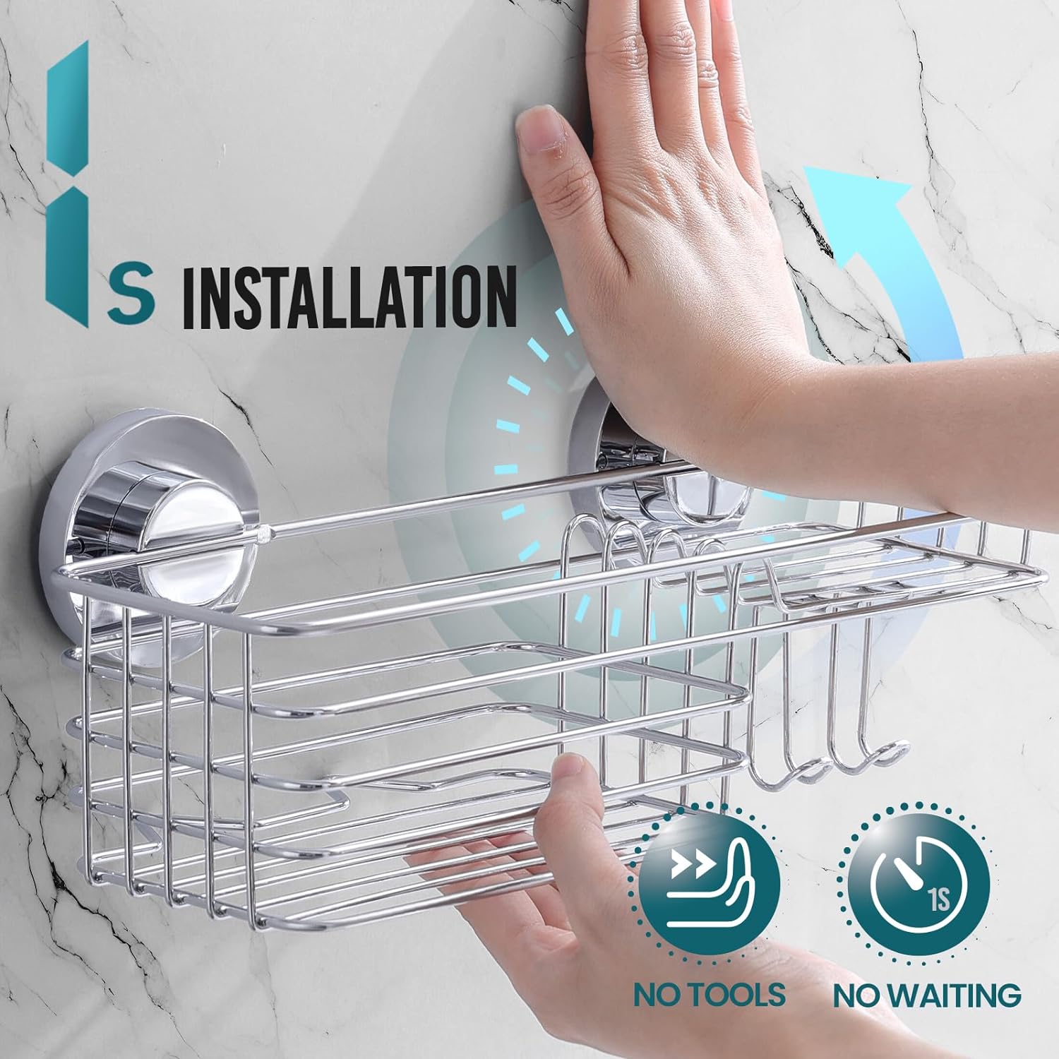 TAILI Shower Caddy Suction Cup 2 Pack with Hooks and Soap Holder, Heavy Duty Shower Organizer for Bathroom, No Drilling Silver Bathroom Suction Shelves-Silver - Image 3