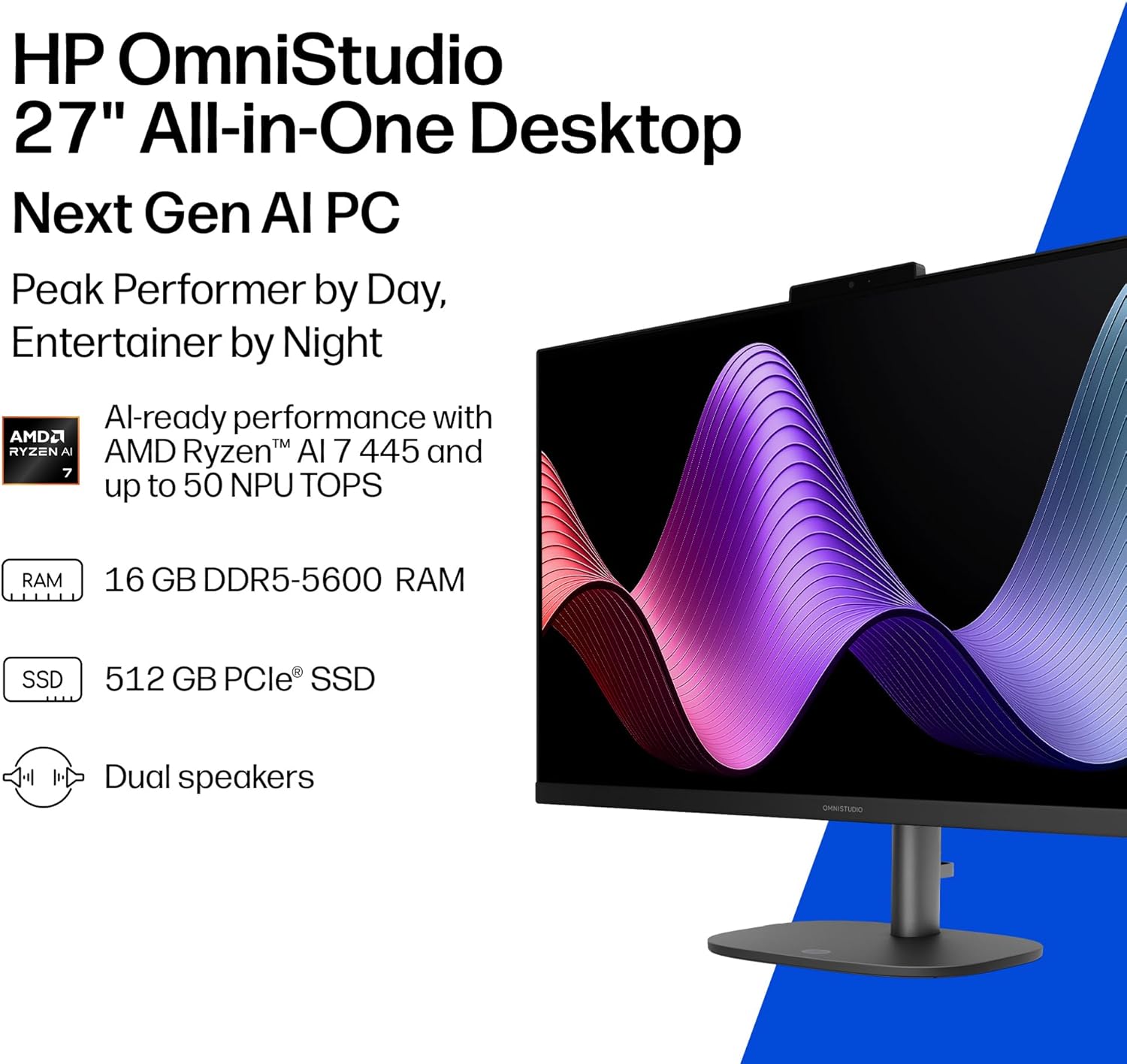 HP OmniStudio 27 inch All-in-One Desktop Next Gen AI PC, FHD Display, AMD Ryzen AI 7 445, 16 GB RAM, 512 GB SSD, AMD Radeon 840M Graphics, Windows 11 Home, Jet Black, 27-cw0102 (2026) - Image 3