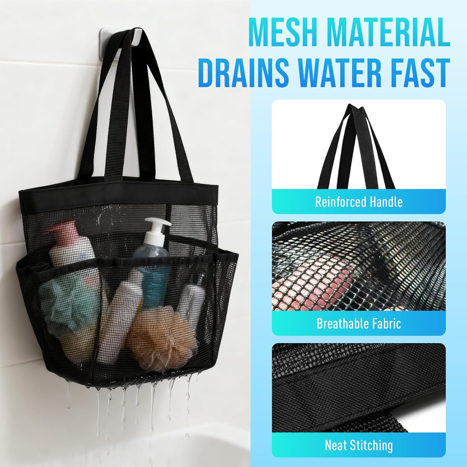 Mesh Shower Caddy Portable, Shower Tote Bag for Dorm Room Essentials, 8 Pockets Large Shower Basket for College Gym Beach Camping (1, Black) - Image 8