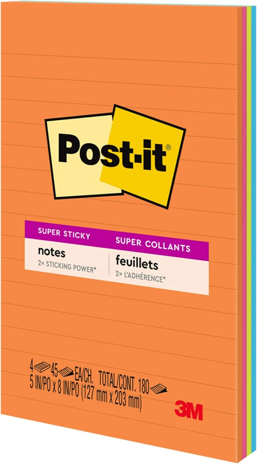 Post-it Super Sticky Lined Notes, 4 Sticky Note Pads, 5 x 8 in., School Supplies, Office Products, Sticky Notes for Vertical Surfaces, Monitors, Walls and Windows, Energy Boost Collection - Image 13