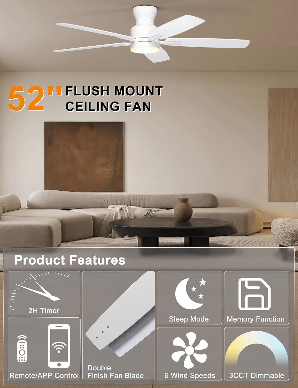 Ohniyou Ceiling Fans with Lights, 52'' Low Profile Ceiling Fan with Light and Remote/APP Control, Modern Flush Mount Ceiling Fan for Indoor Bedroom Living Room, Dimmable, Quiet DC Motor, White - Image 3