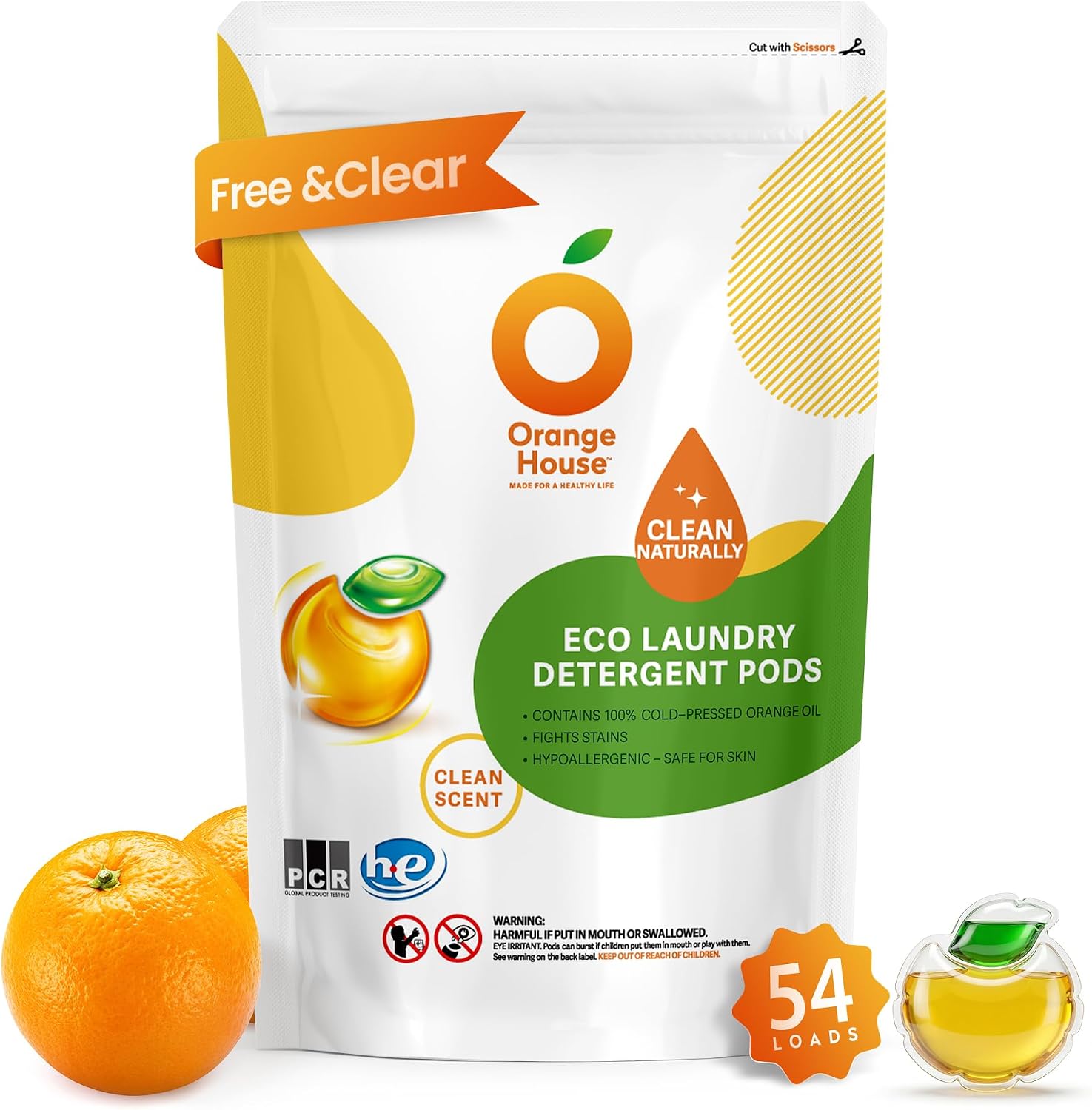 ORANGE HOUSE Laundry Detergent Pods, Natural Plant-Based Detergent with Orange Oil|Hypoallergenic, Child-Resistant Pouch, Free & Clean, Scent-Free, HE & Standard Machine Compatible. 54 Count - Image 2