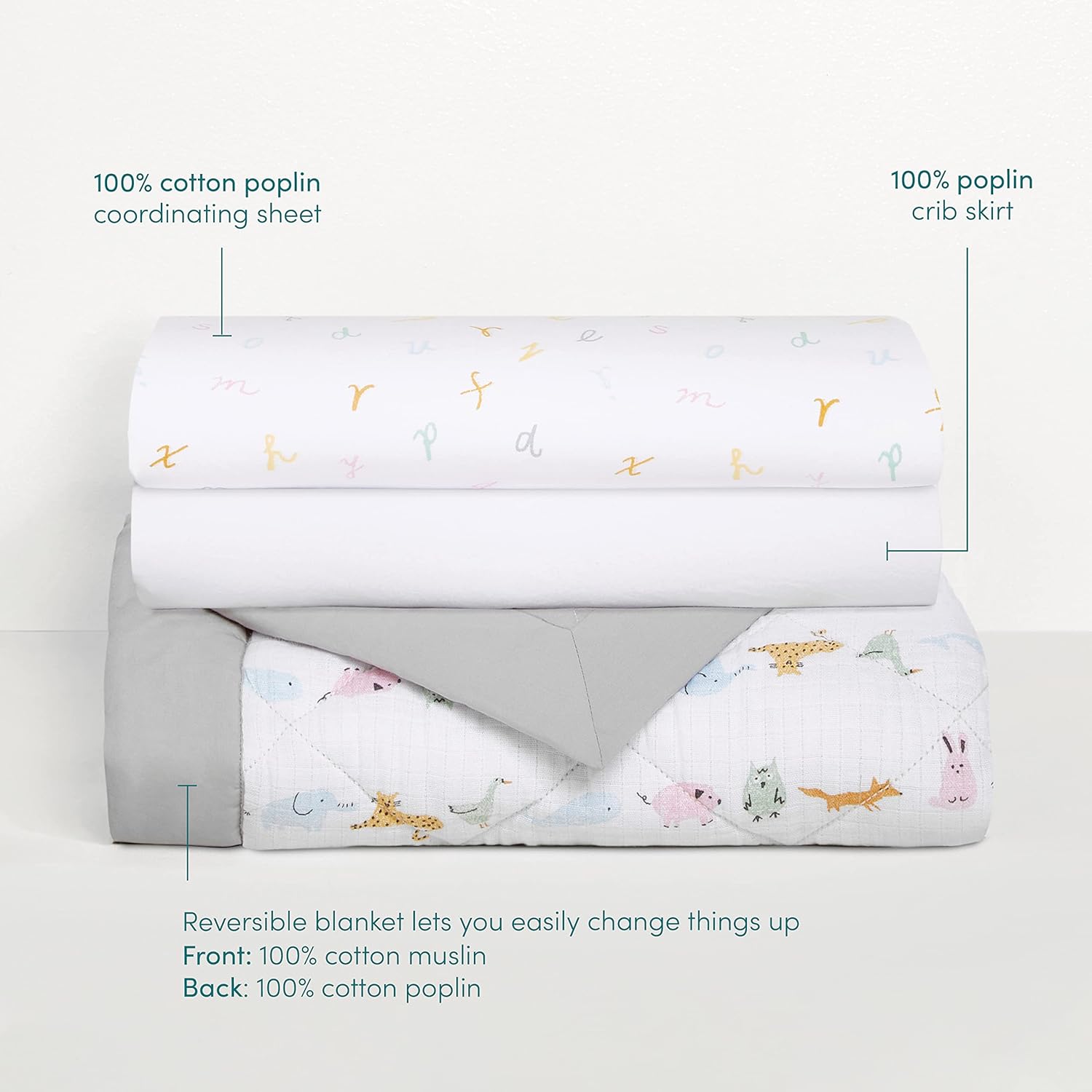aden + anais Essentials 3-Piece Crib Bedding Set, Baby Bedding Bundle, Cotton Blanket, Crib Sheet, Crib Skirt, Alphabet Animals - Image 3