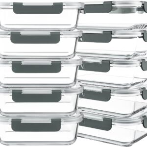 KOMUEE 10 Packs 30 oz Glass Meal Prep Containers,Glass Food Storage Containers with Lids,Airtight Lunch Bento Boxes,Microwave,Freezer and Dishwasher,Gray