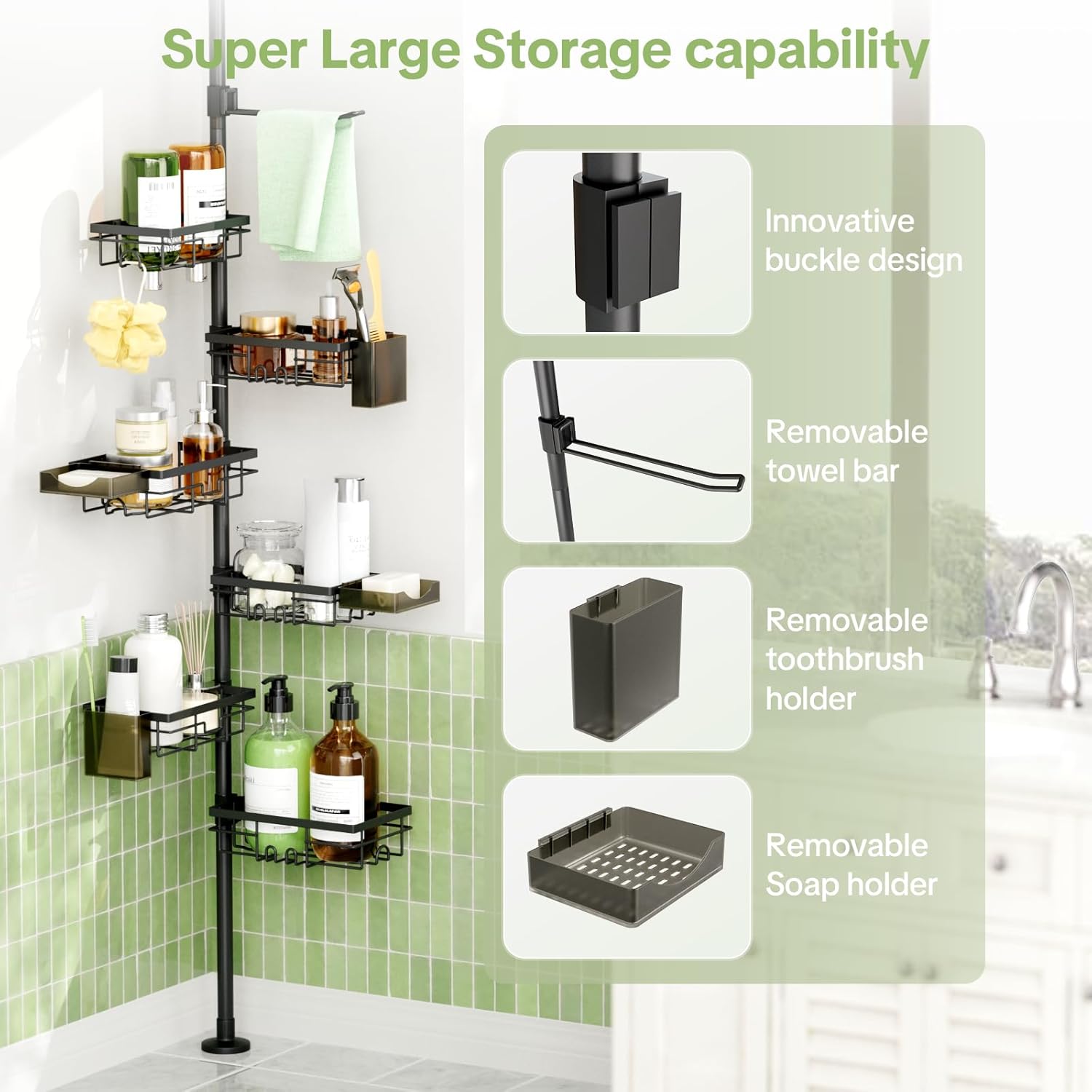 Shower Tension Rod Organizer, 6 Tier Rustproof Corner Shower Caddy Tension Pole with Soap Holder & Hooks, Adjustable 30-121 Inch Bathroom Shelf for Renters - Family Stand Storage Rack, Black - Image 3
