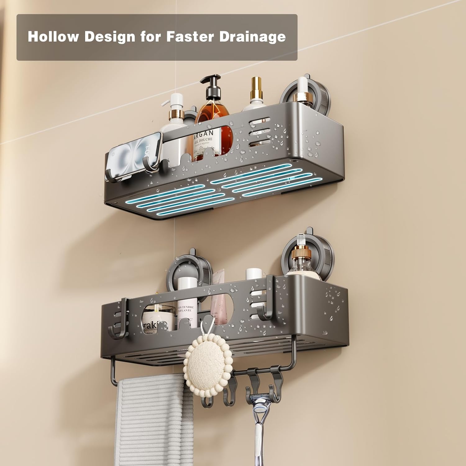Voldra Shower Caddy Suction Cup, Shower Shelves for Inside Shower No Drilling, Aluminum Suction Showers Organizer for Wall with Towel Bar & Hooks Removable Bathroom Storage Rack(2 Pack-Gray) - Image 4