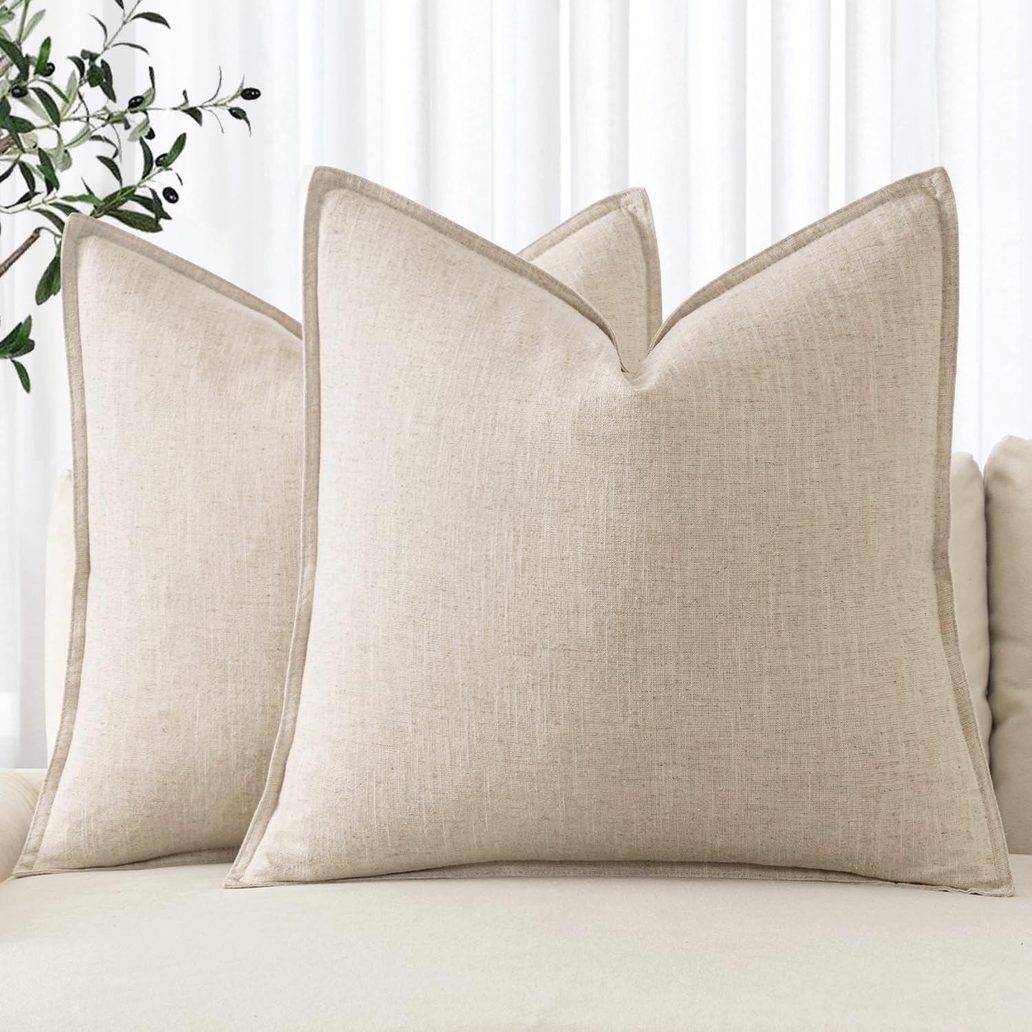 MIULEE Decorative Linen Pillow Covers 20x20 Inch Natural Beige Boho Farmhouse Neutral Couch Throw Pillows for Bed Pack of 2 Accent Modern Pillowcase Sofa Livingroom Home Decor - Image 2